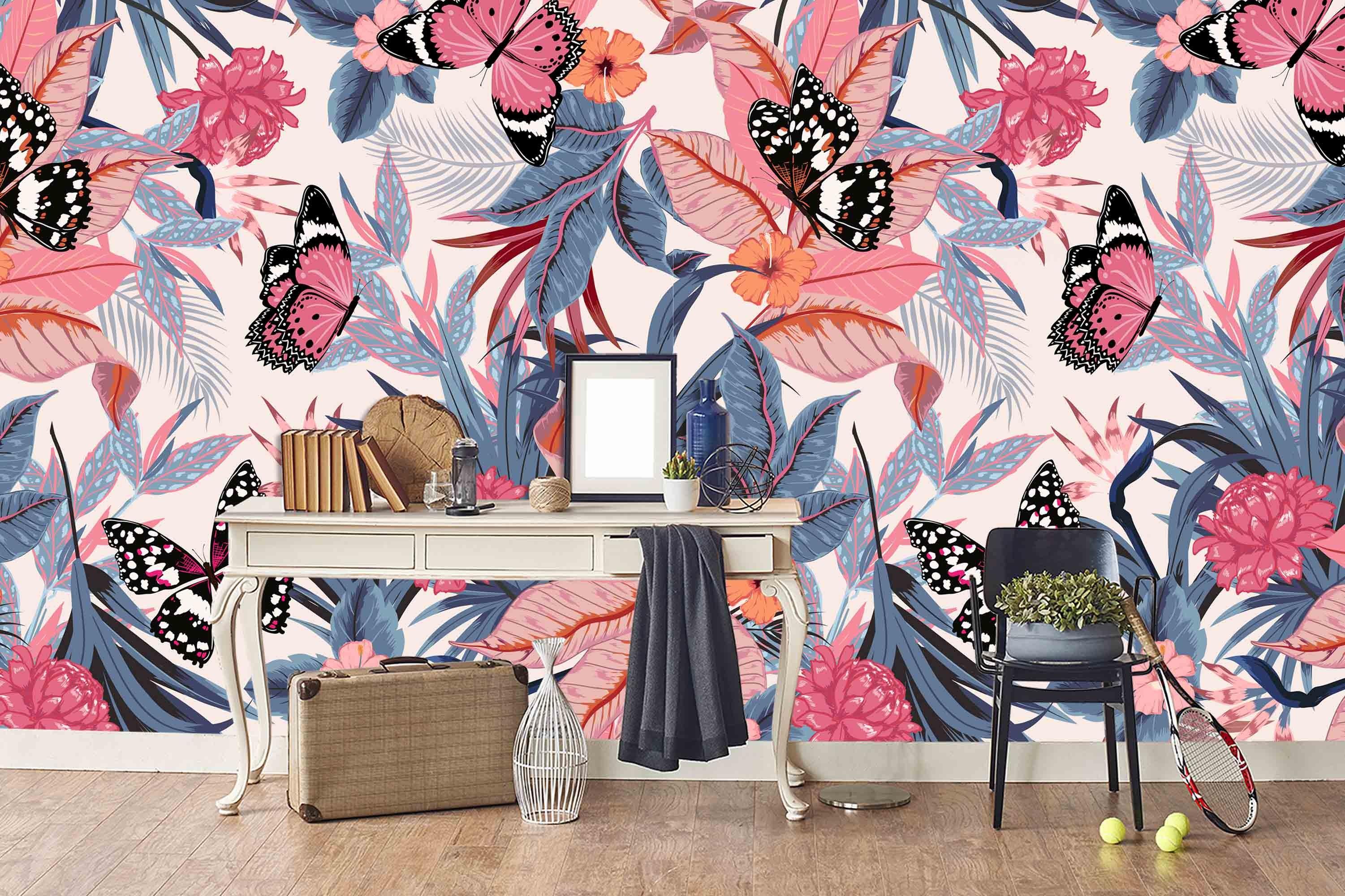 3D colorful tropical plant butterfly wall mural  Wallpaper 1- Jess Art Decoration