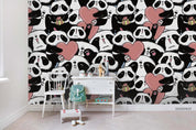 Cartoon Black White Panda Animal Pink Heart Wall Mural Wallpaper LXL- Jess Art Decoration