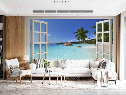 3D Window Sea View Beach Coconut Ttrees Wall Mural Wallpaper 5134- Jess Art Decoration