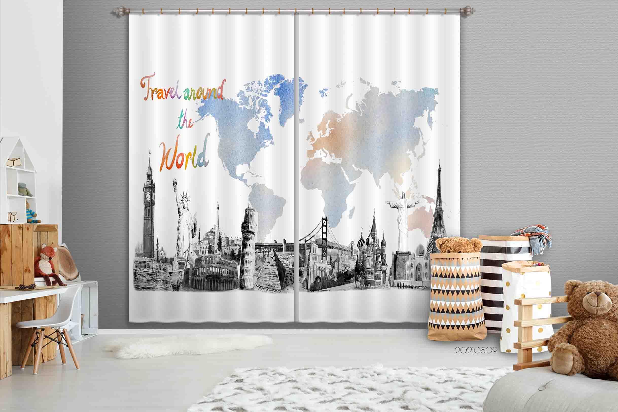 3D Watercolor World Map Curtains and Drapes LQH 80- Jess Art Decoration