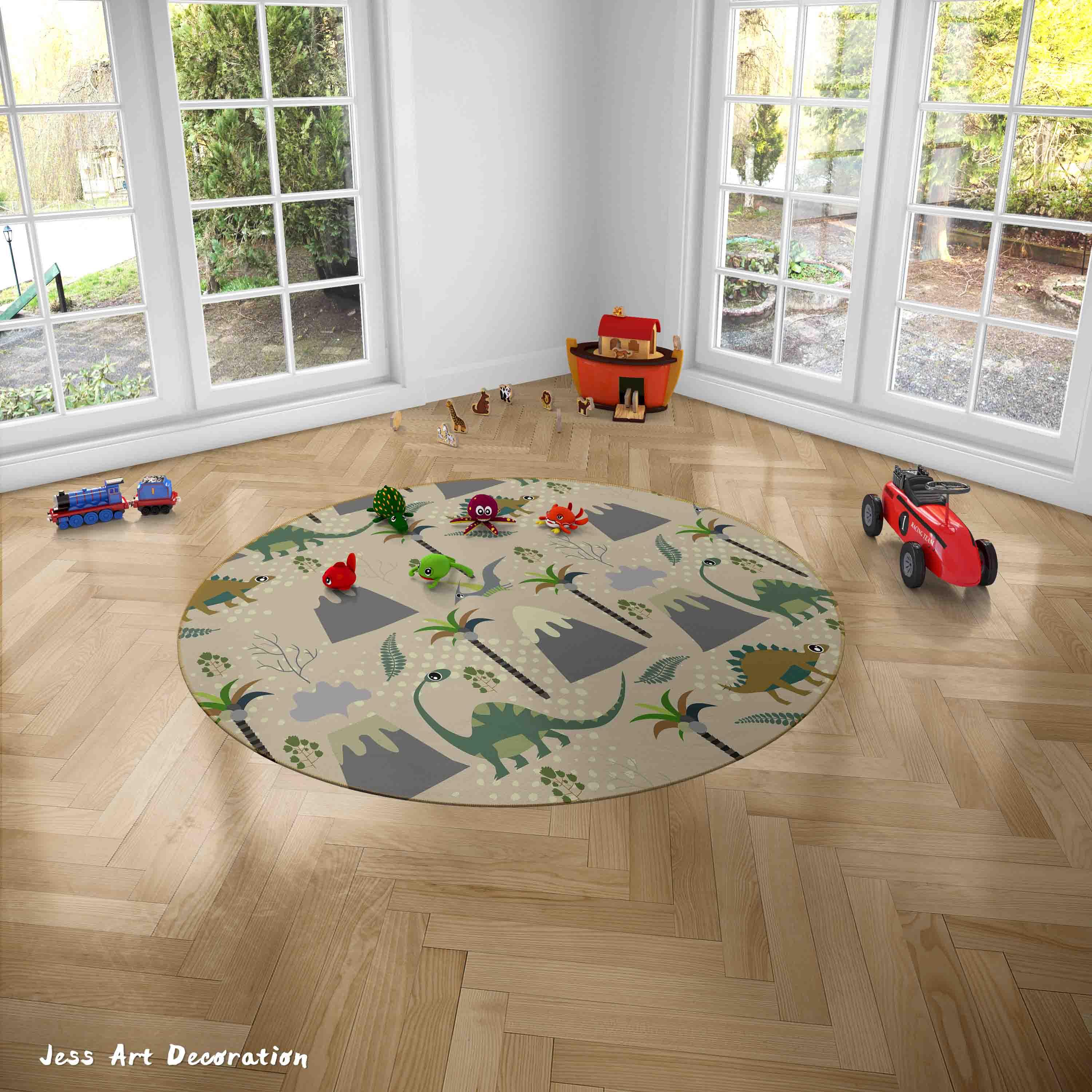 3D Cartoon Animal Dinosaur Coconut Tree Kids Non-Slip Round Rug Mat 11- Jess Art Decoration