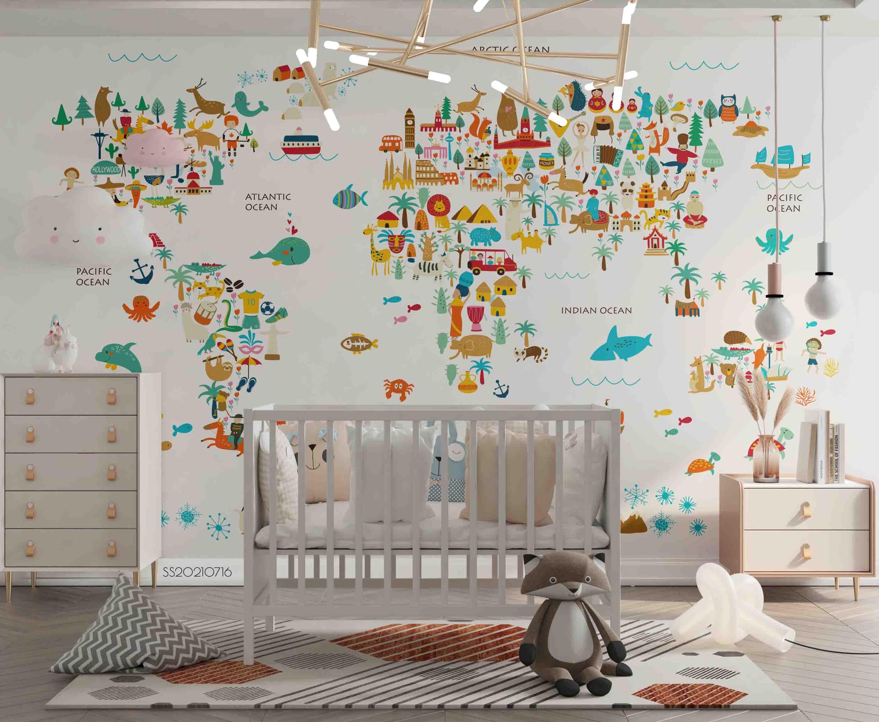 3D Cartoon World Map Animals Wall Mural Wallpaper LQH 19- Jess Art Decoration