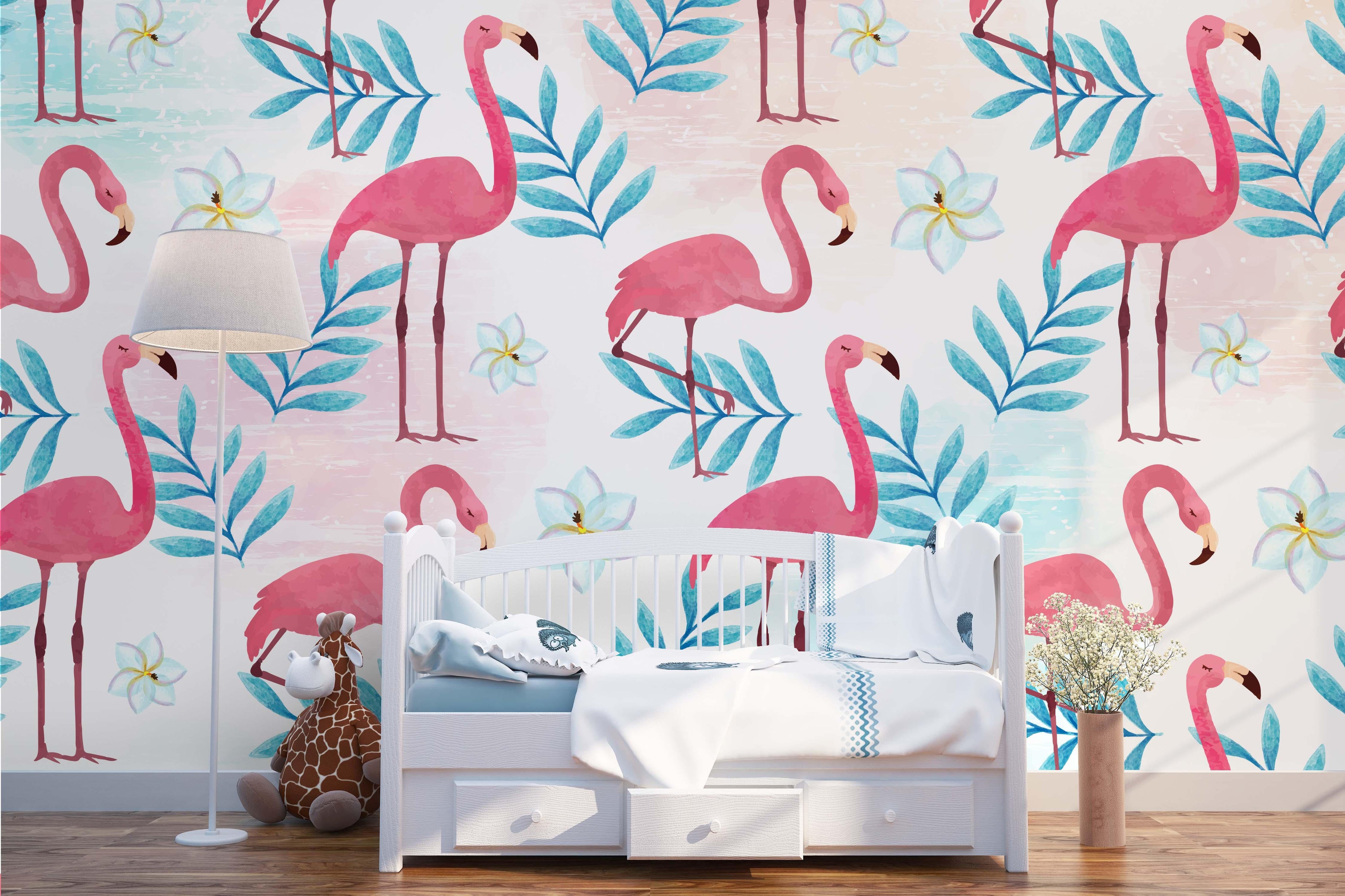 3D Flamingo Blue Leaf Wall Mural Wallpaper 1- Jess Art Decoration