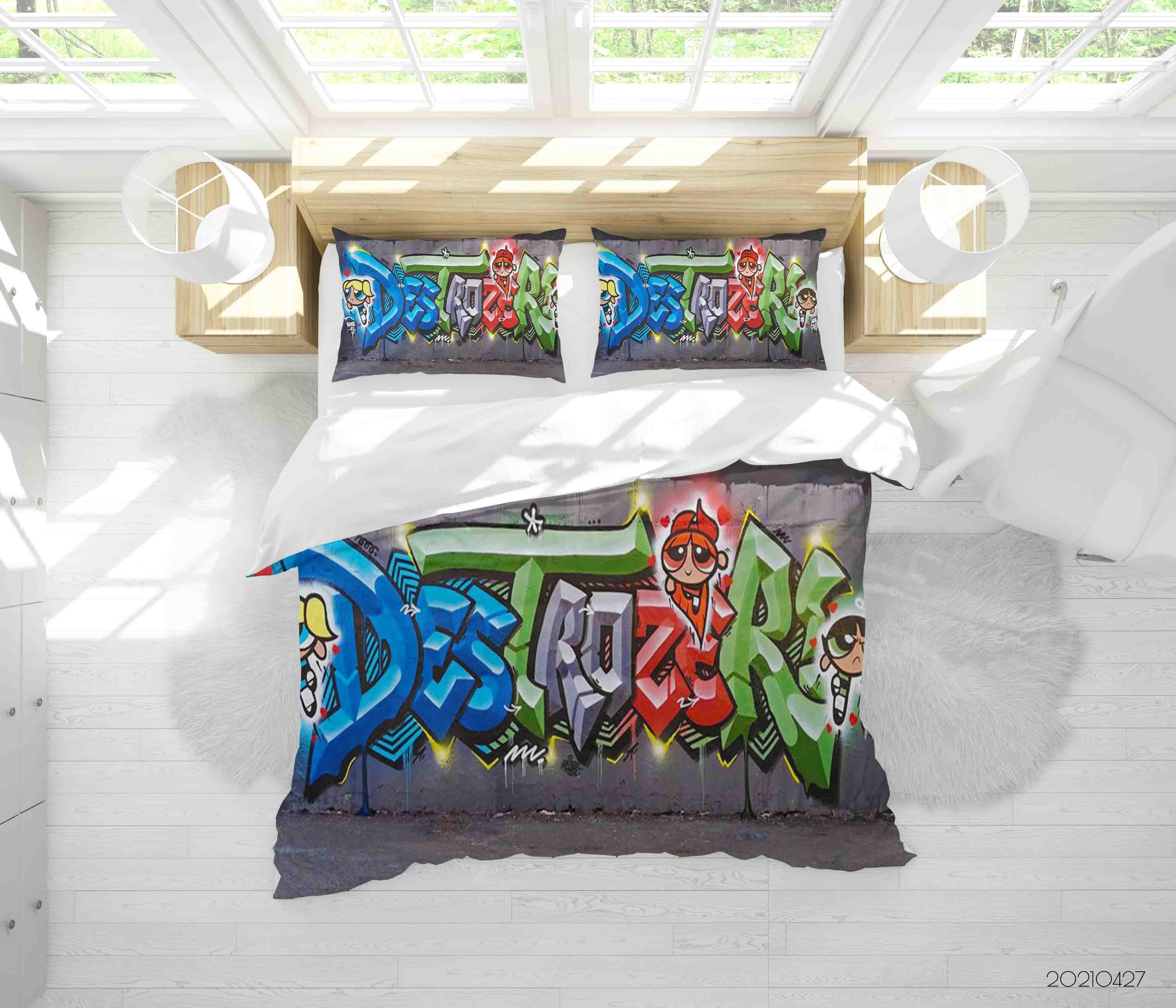 3D Abstract Colored Street Graffiti Quilt Cover Set Bedding Set Duvet Cover Pillowcases 72- Jess Art Decoration
