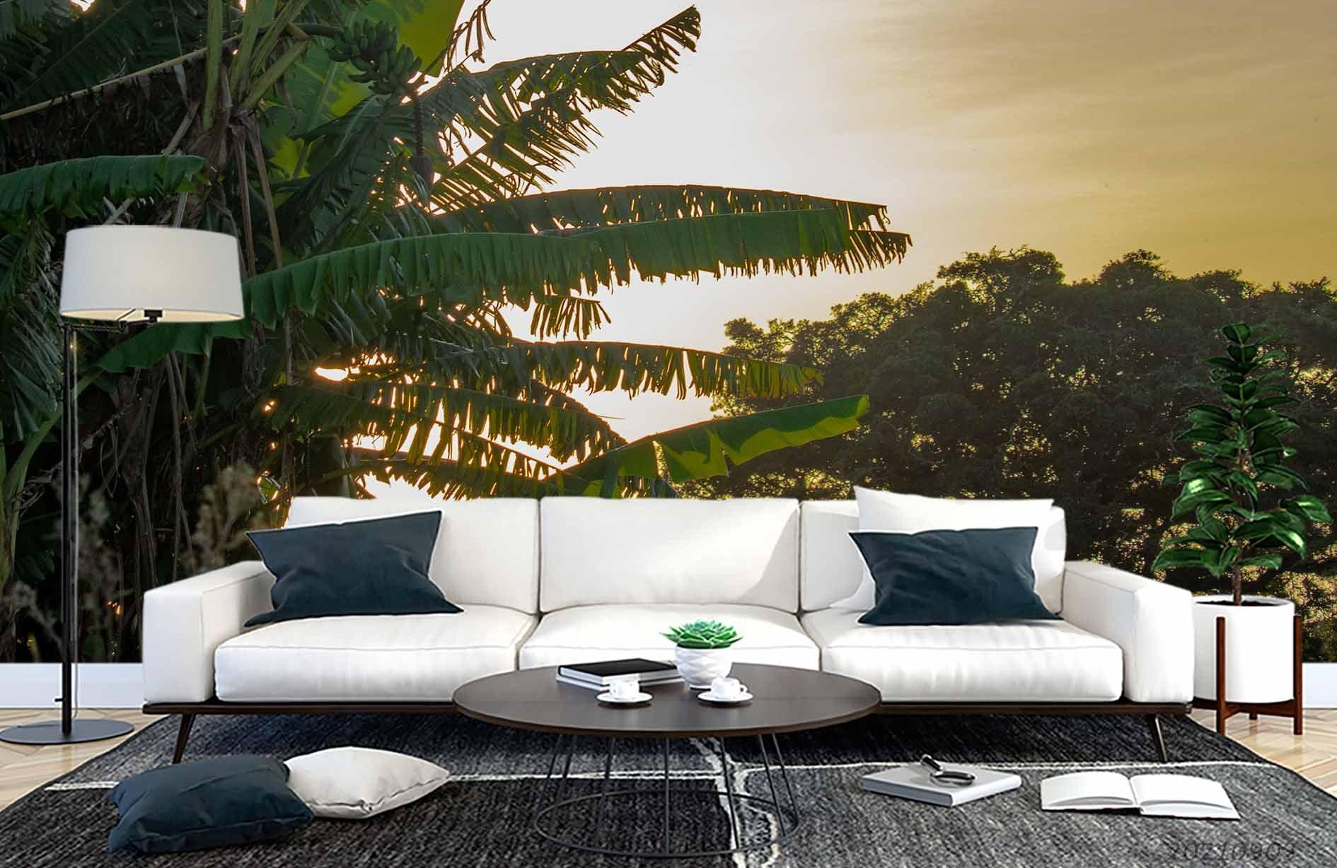 3D Sunset Sky Green Tree Palm Wall Mural Wallpaper LQH 92- Jess Art Decoration