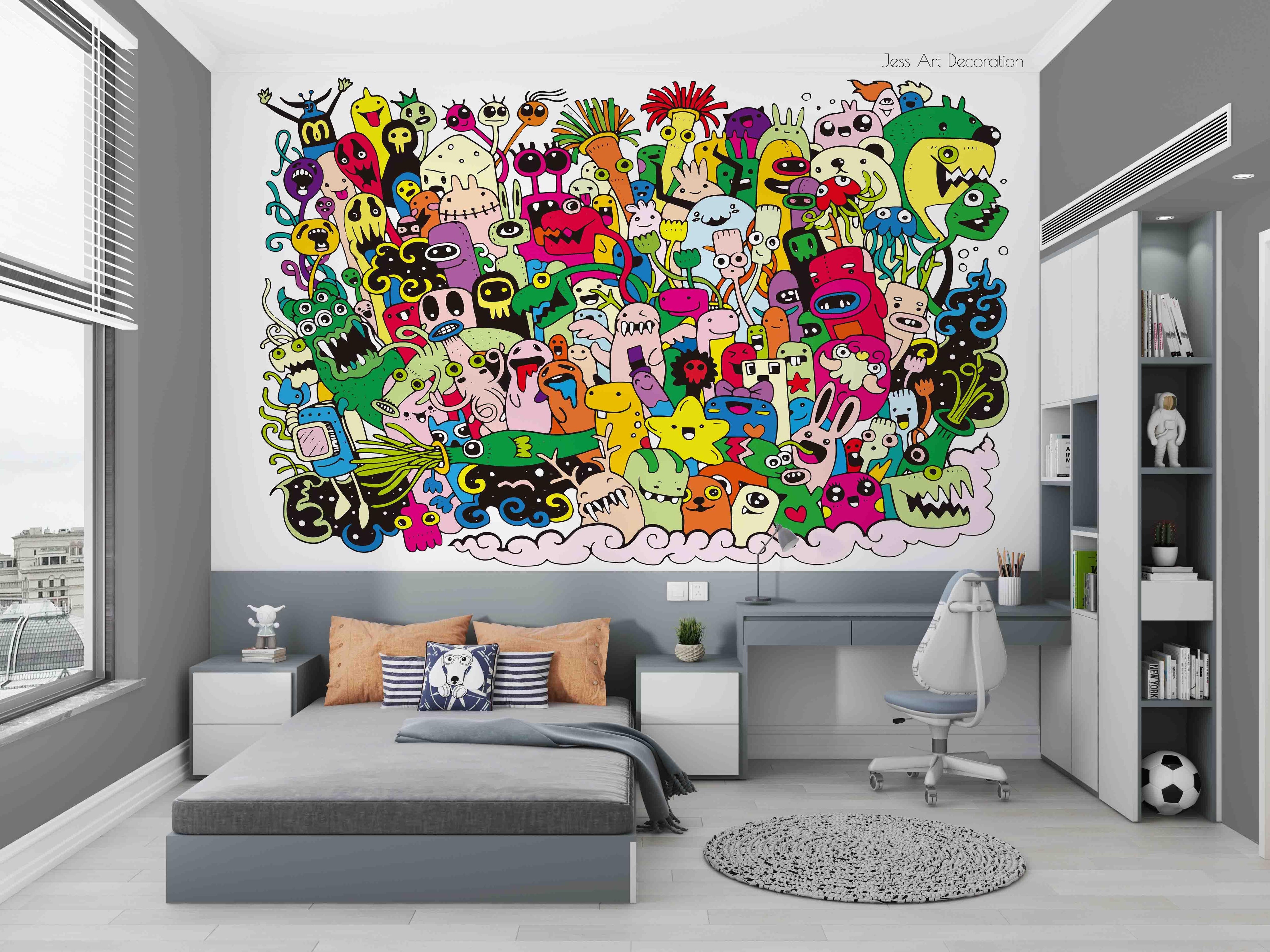 3D Colourful Monster Doodle colourful monster doodle collage wall mural wallpaper for playroom