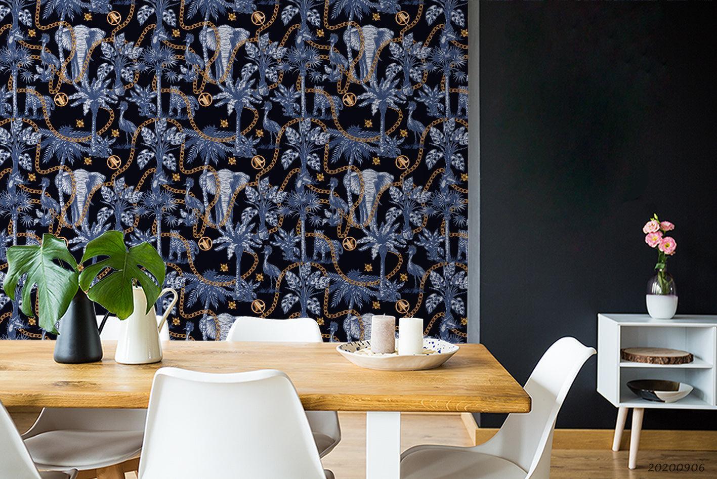 Vintage Blue Elephant Animal Palm Tree Plant Pattern Wall Mural Wallpaper LXL- Jess Art Decoration