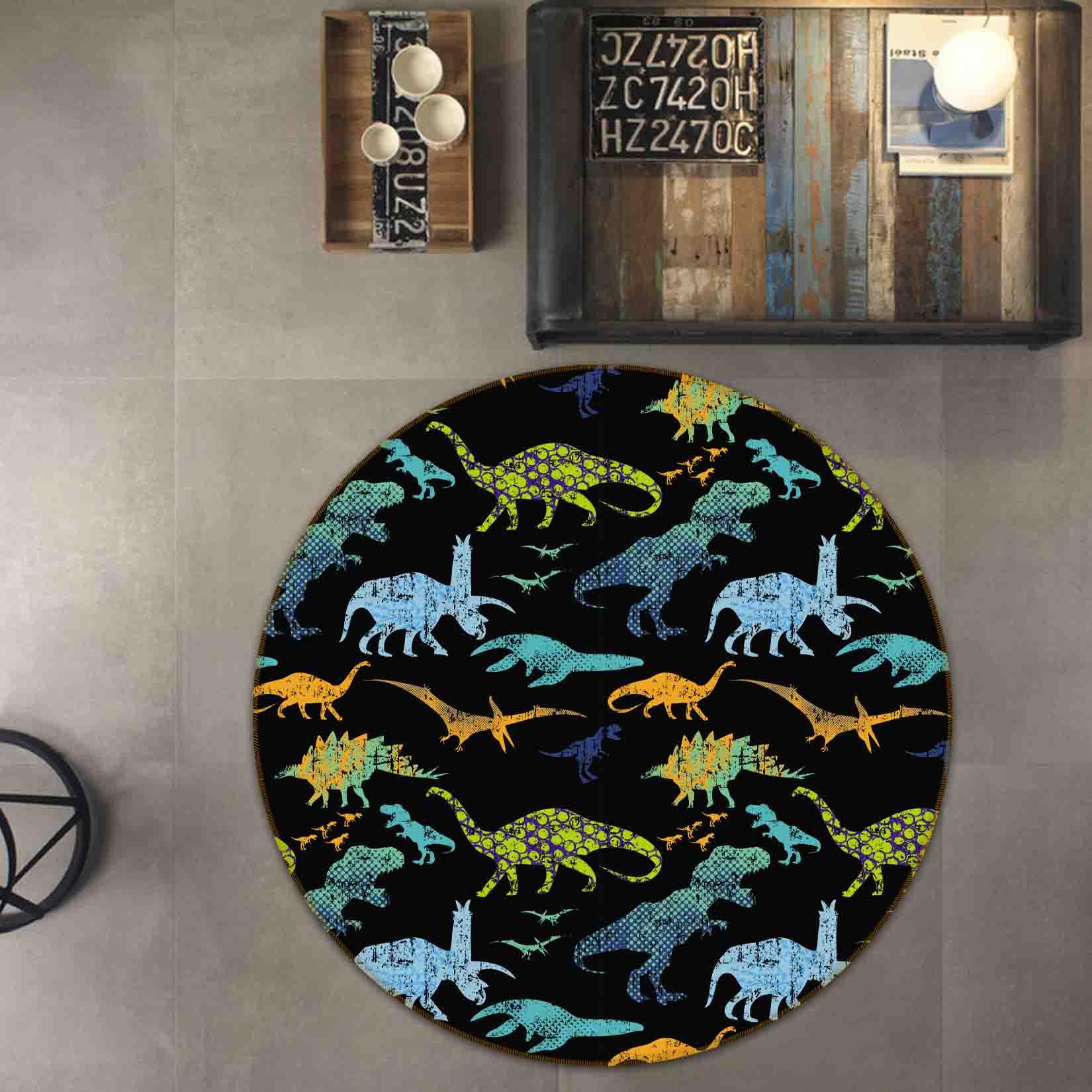 3D Cartoon Animal Dinosaur Black Kids Non-Slip Round Rug Mat 15- Jess Art Decoration