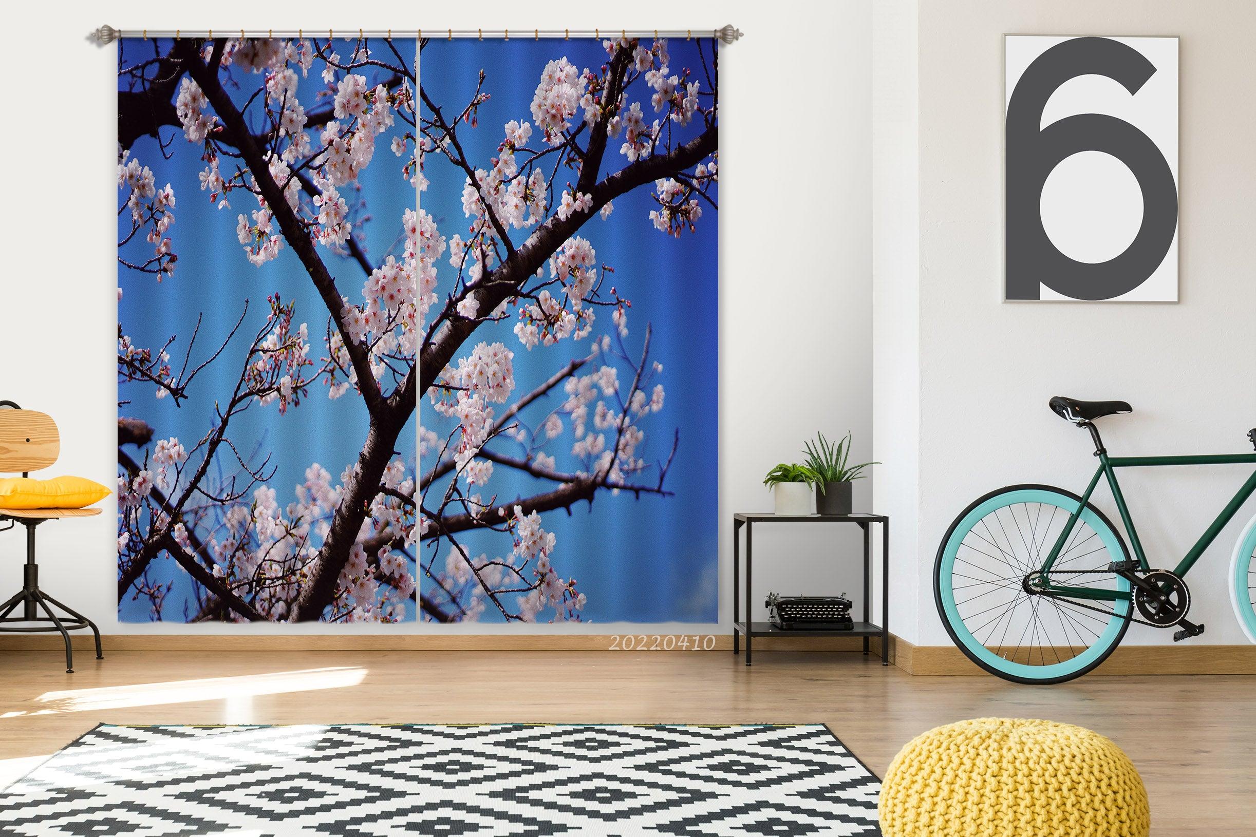 3D Spring Cherry Blossom Branch Blue Sky Curtains and Drapes GD 3916- Jess Art Decoration