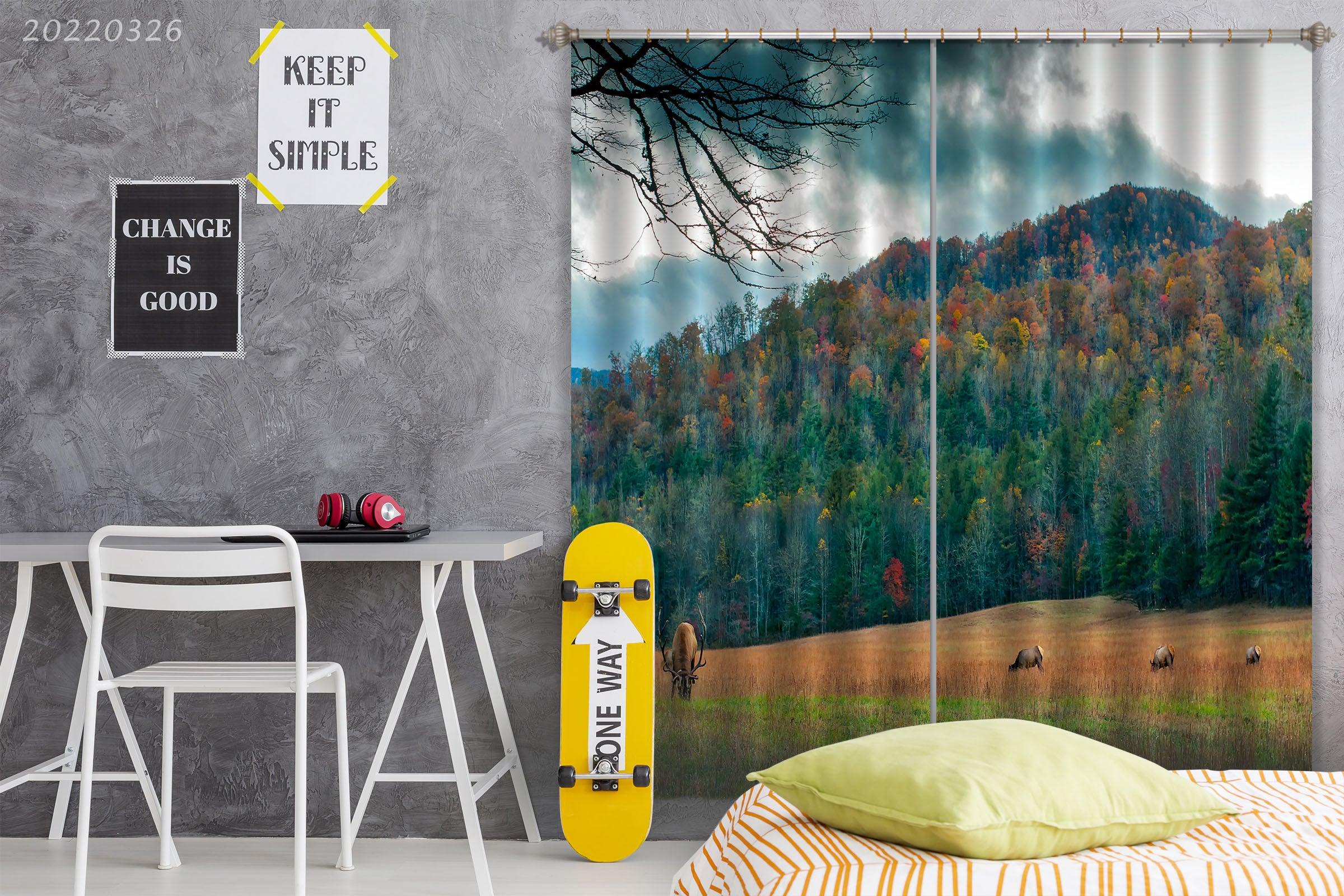 3D Landscape Mountain Forest Meadow Elk Curtains and Drapes GD 3003- Jess Art Decoration