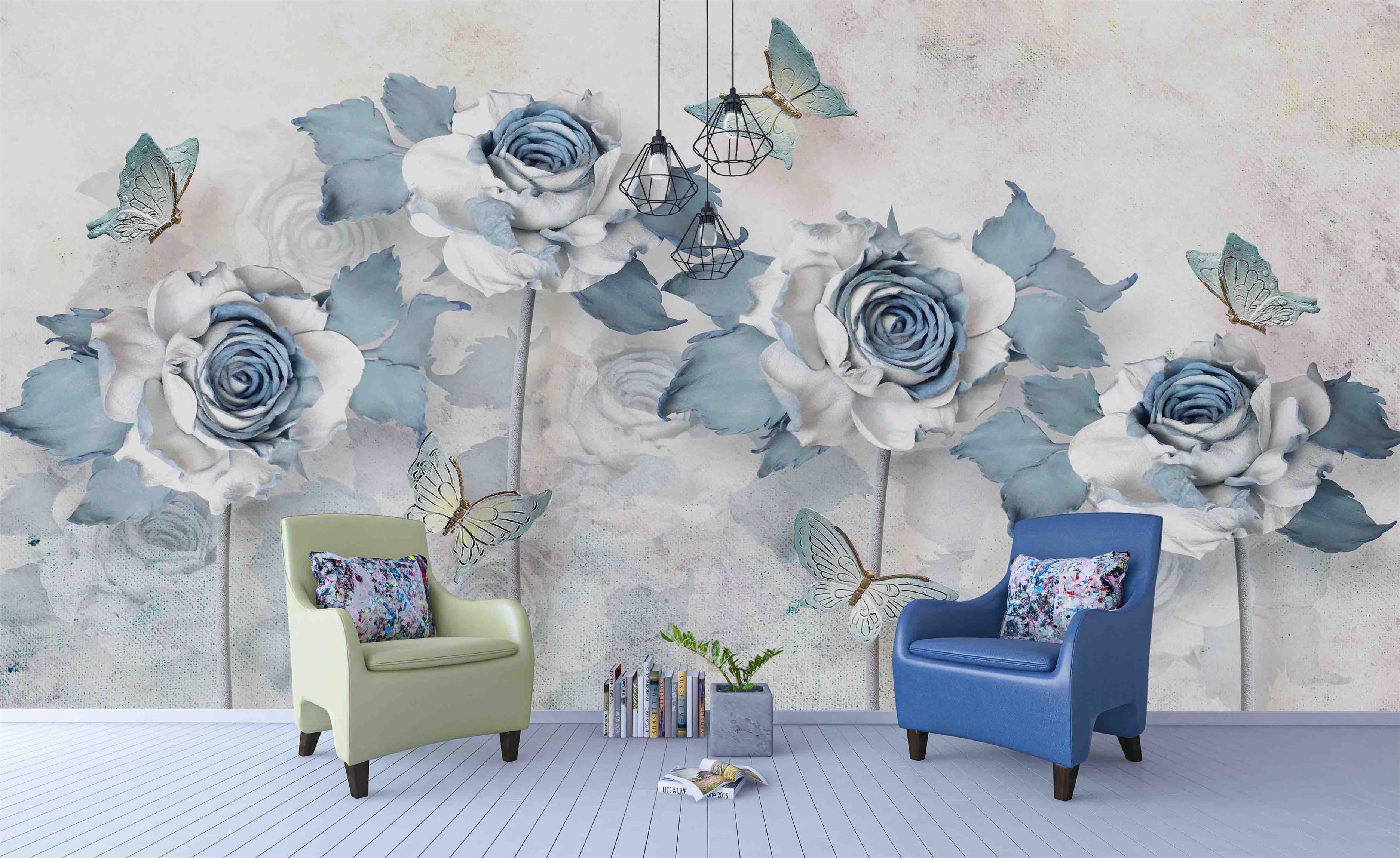 3D Watercolor Blue Floral Butterfly Wall Mural Wallpaper 21- Jess Art Decoration