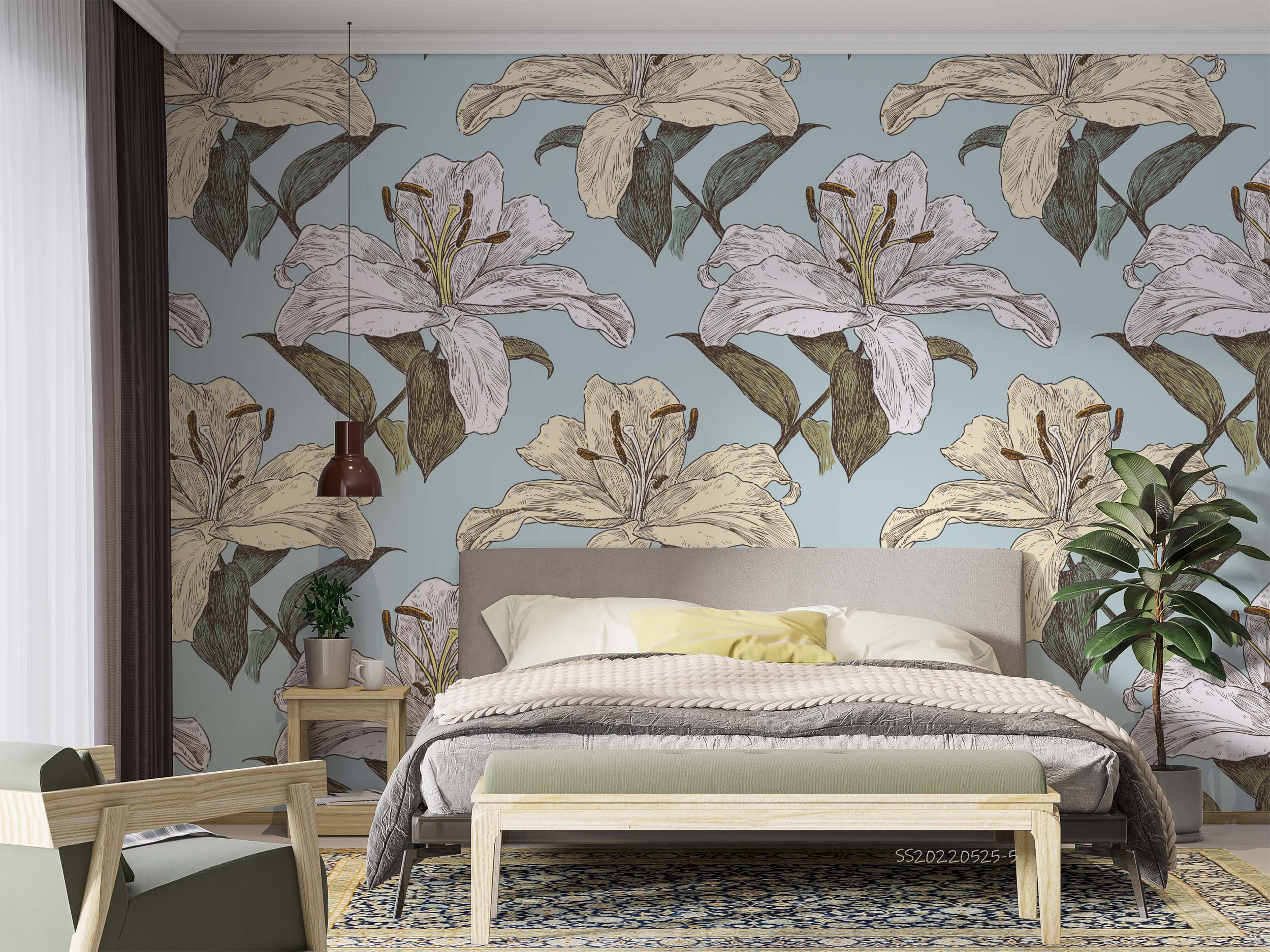 3D Vintage Watercolor Style Lily Floral Pattern Wall Mural Wallpaper GD 972- Jess Art Decoration
