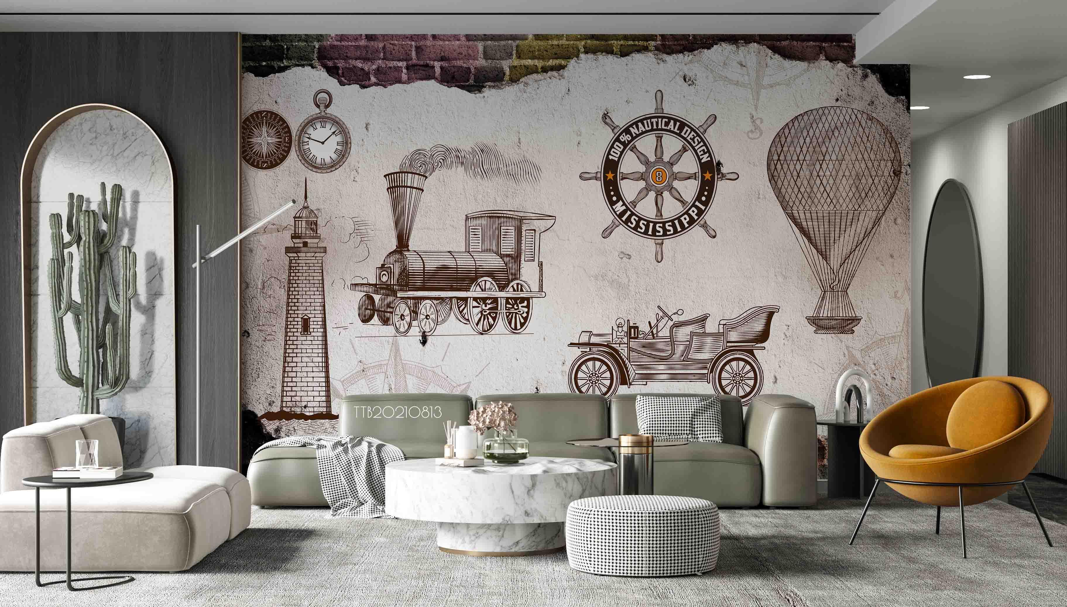 3D European Style Retro Train Car Hot Air Balloon Wall Mural Wallpaper 5080- Jess Art Decoration