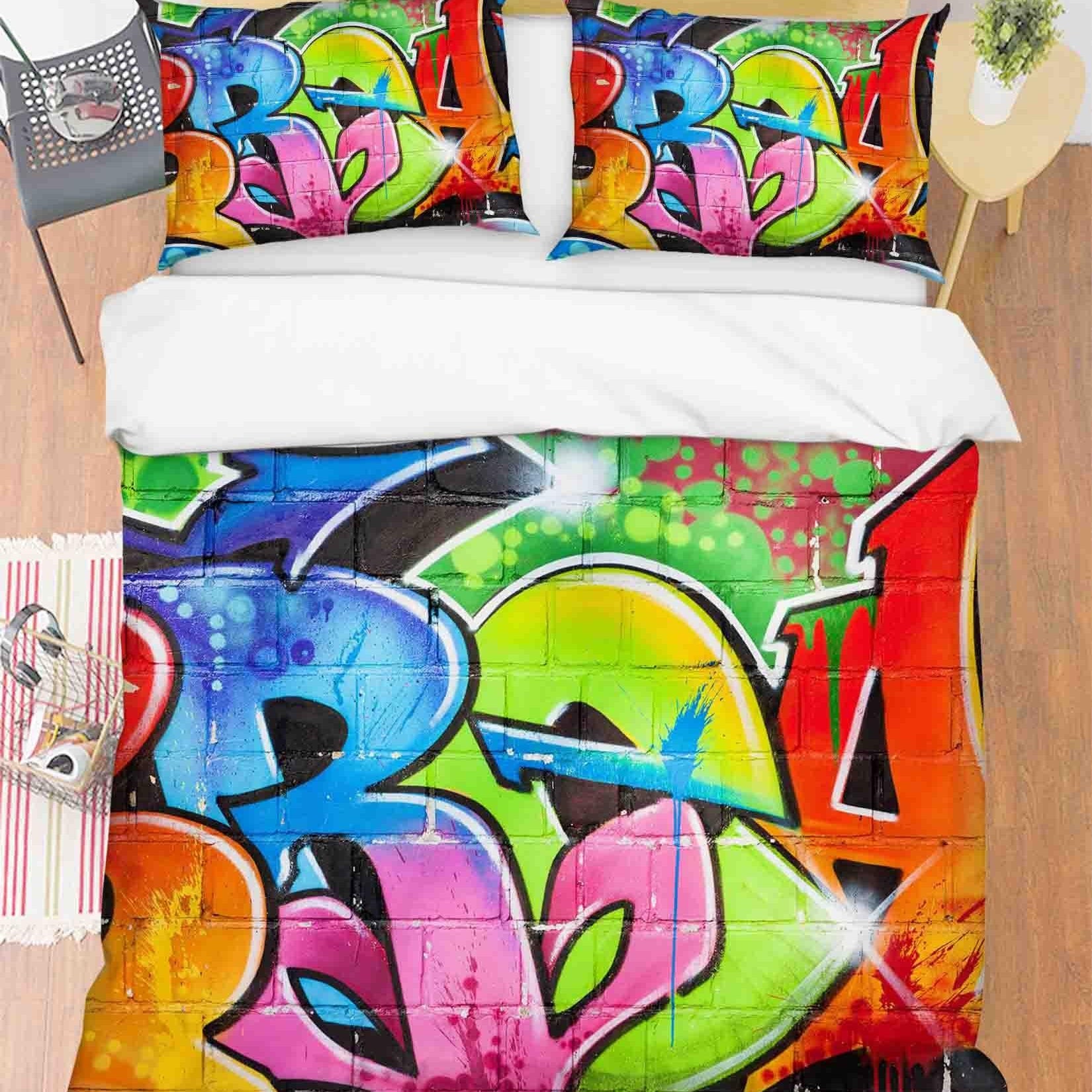 3D Abstract Colored Street Graffiti Quilt Cover Set Bedding Set Duvet Cover Pillowcases 80- Jess Art Decoration