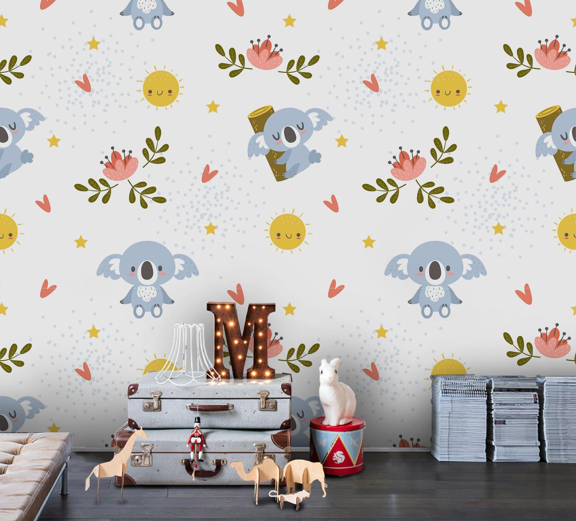 3D Grey Koala Pink Floral Wall Mural Wallpaper 41- Jess Art Decoration