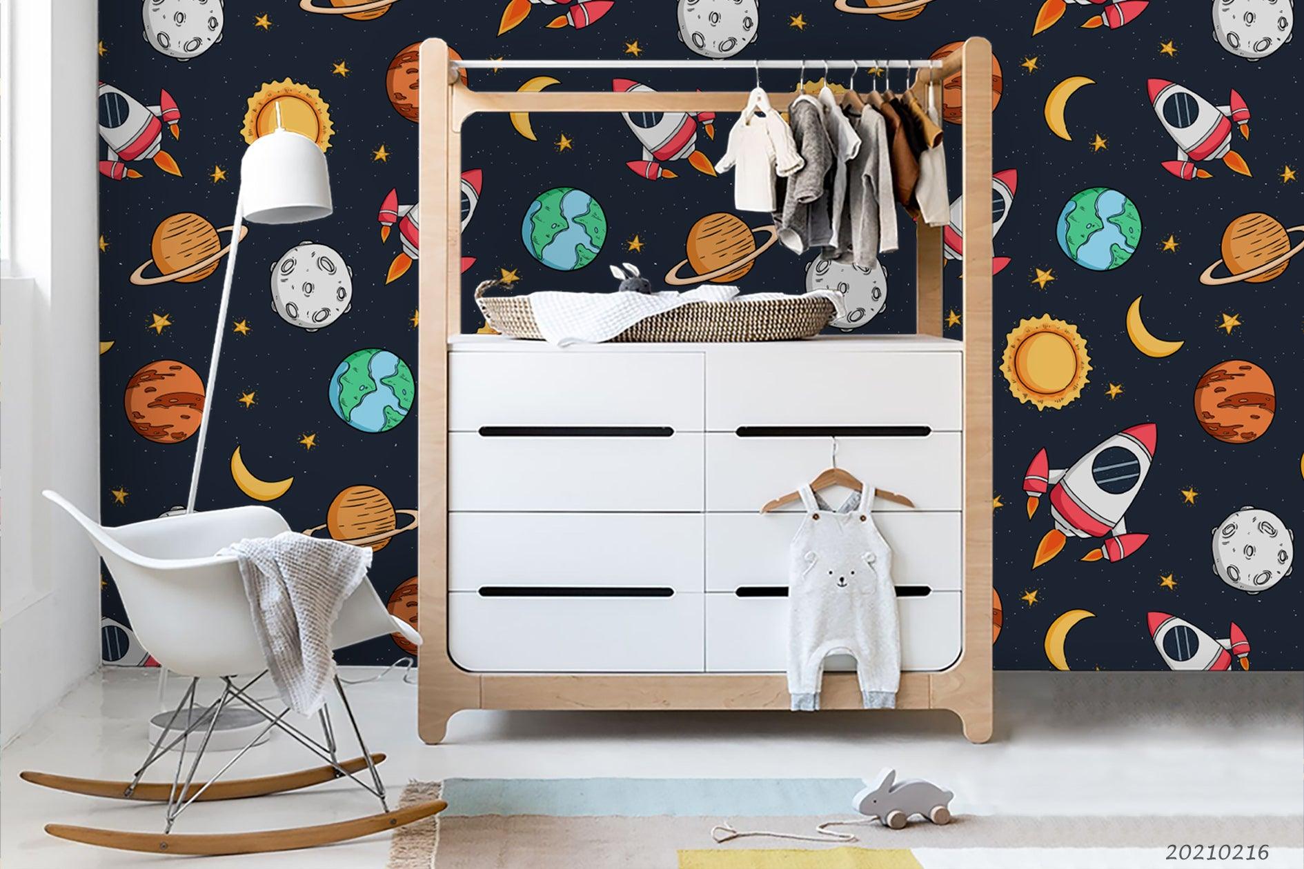 3D Cartoon Color Space Planet Rocket Wall Mural Wallpaper LQH 46- Jess Art Decoration
