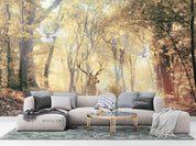 3D Natural Scenery Golden Leaf Forest Elk Pigeon Road Wall Mural Wallpaper GD 1765- Jess Art Decoration
