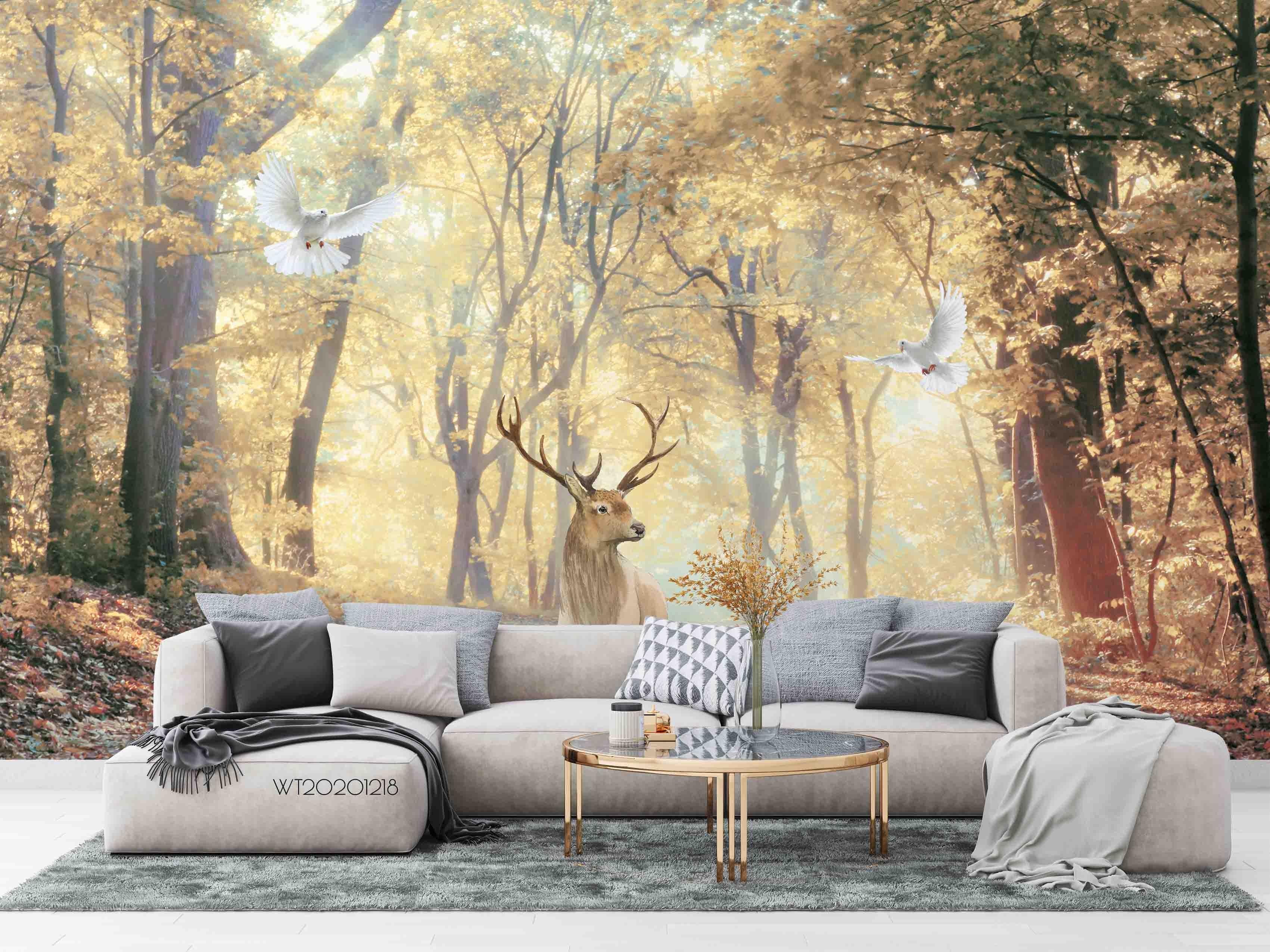 3D Natural Scenery Golden Leaf Forest Elk Pigeon Road Wall Mural Wallpaper GD 1765- Jess Art Decoration