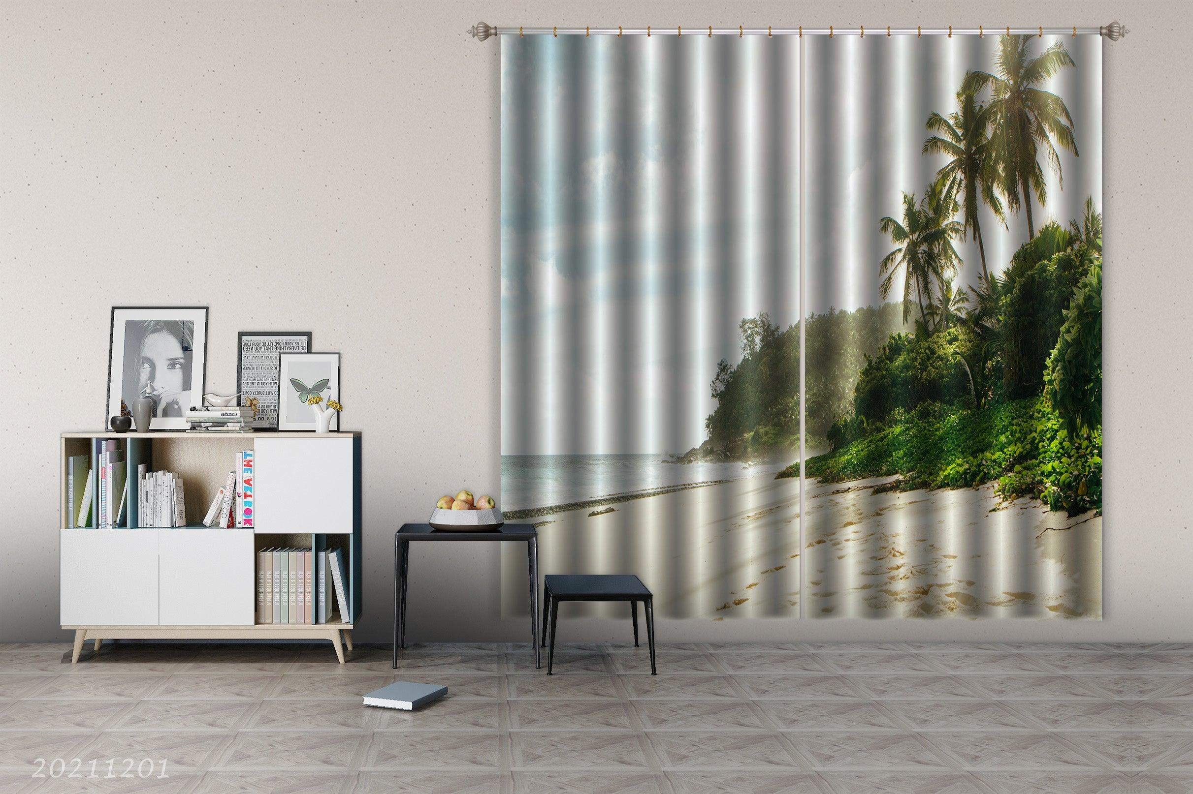 3D Beach Island Plant Tropical Coconut Tree Landscape Curtains and Drapes LLL 107- Jess Art Decoration
