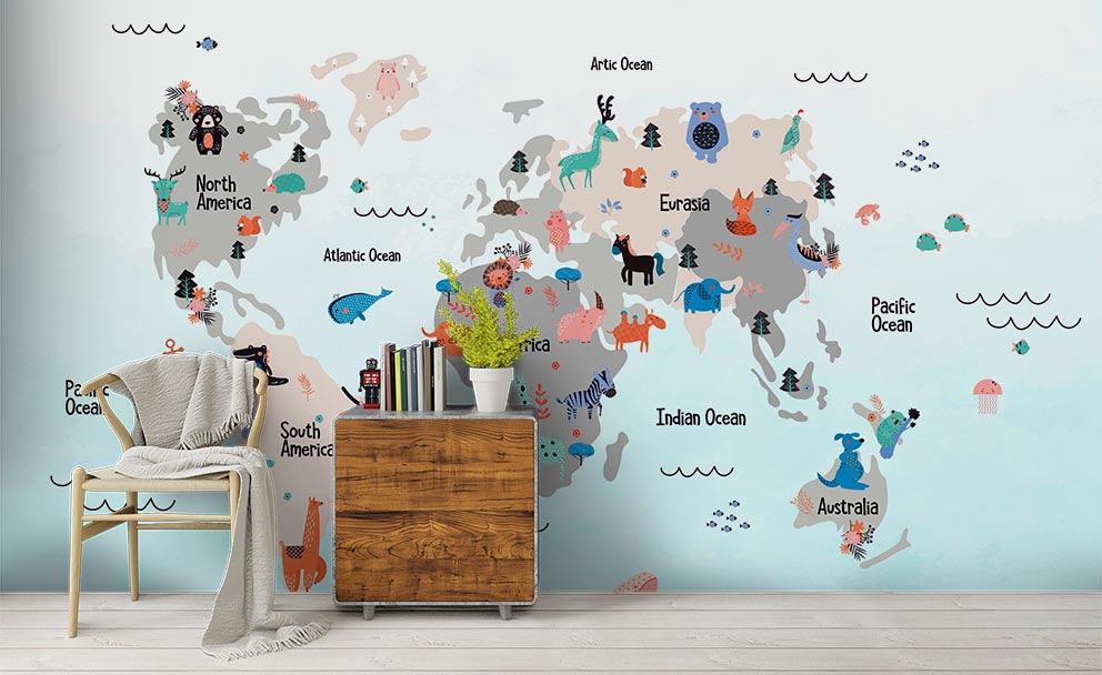 3D Cartoon Animal World Map Wall Mural Wallpaper SF94- Jess Art Decoration