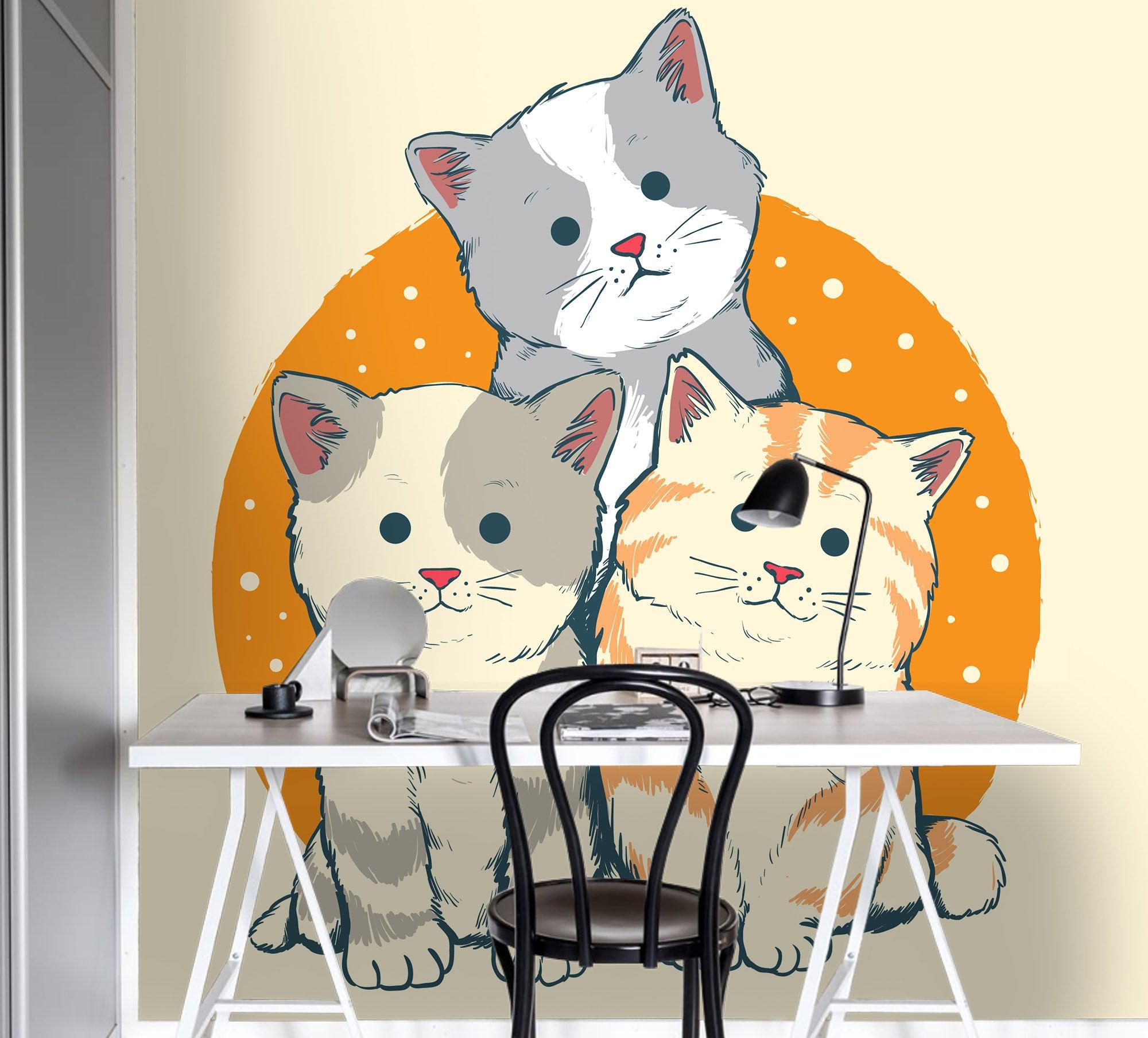 3D Cartoon Cat Yellow Wall Mural Wallpaper 11- Jess Art Decoration