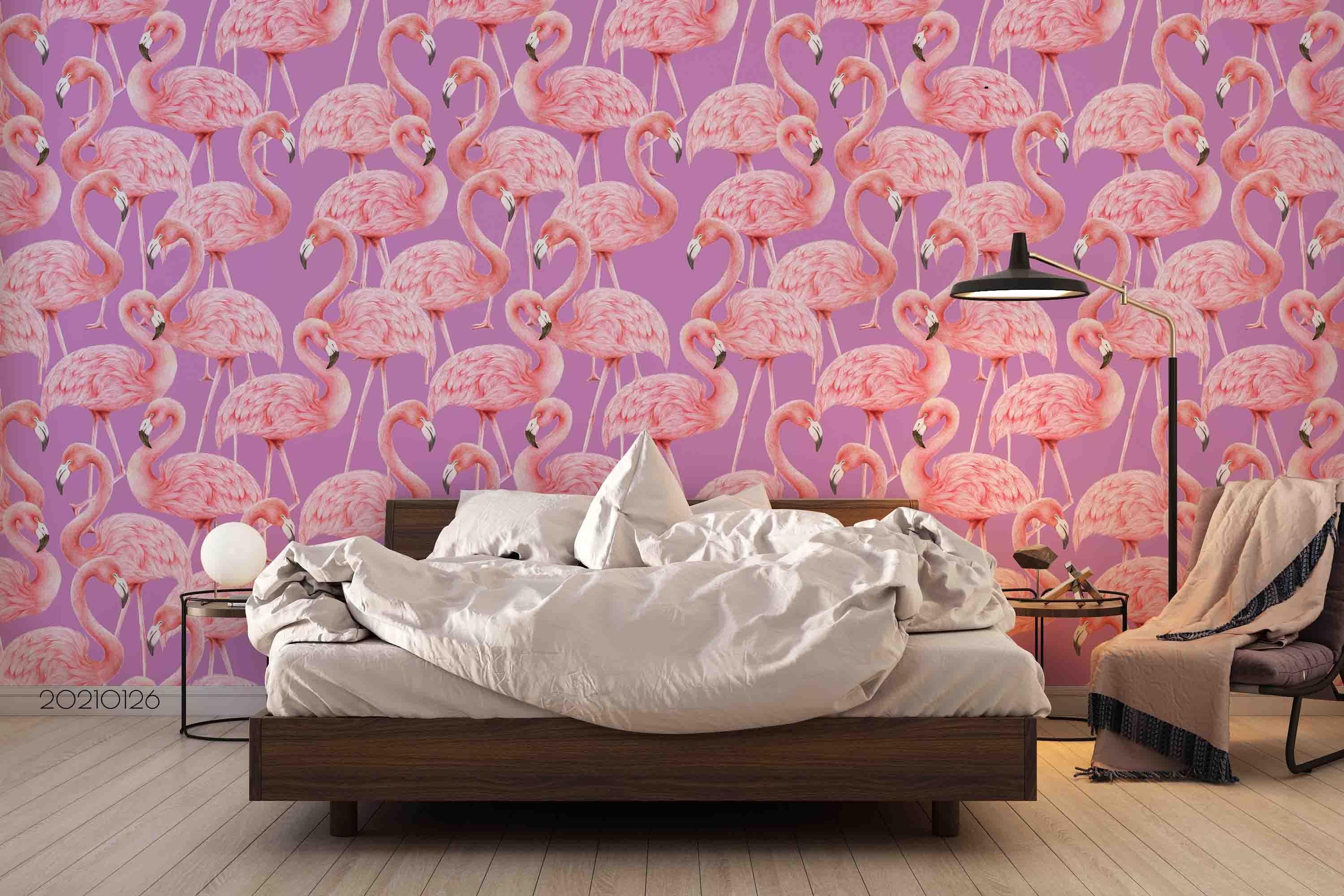 3D Hand Drawn Animal Pink Flamingo Wall Mural Wallpaper LQH 62- Jess Art Decoration