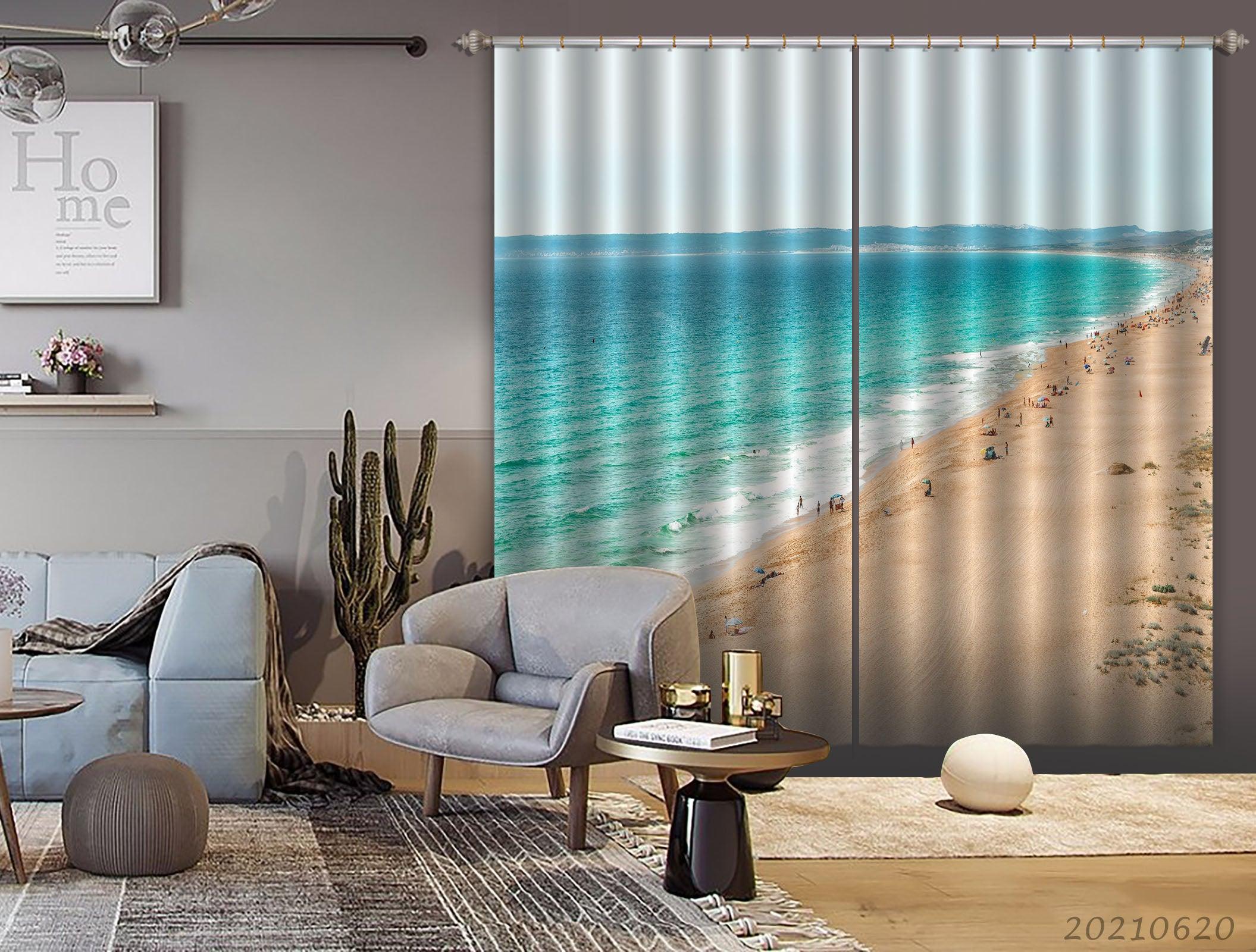 3D Beach Green Sea Tourist View Curtains and Drapes GD 889- Jess Art Decoration