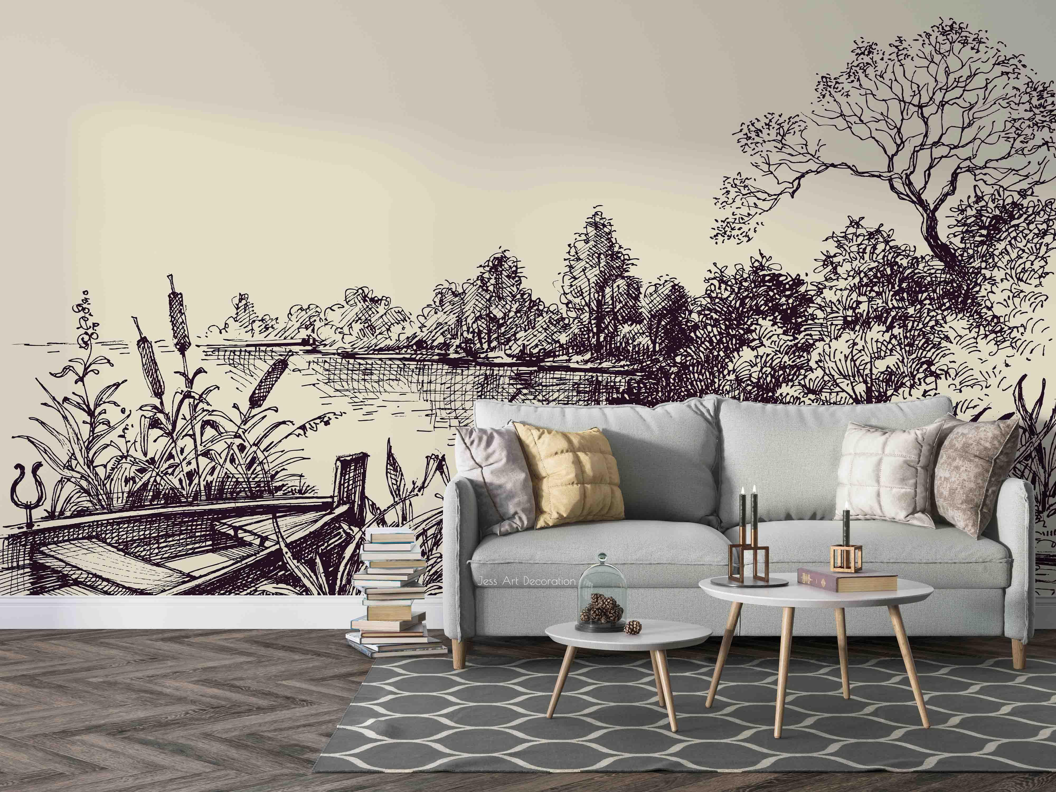3D Pond Reed Tree Scenery Wall Mural Wallpaper GD 3157- Jess Art Decoration