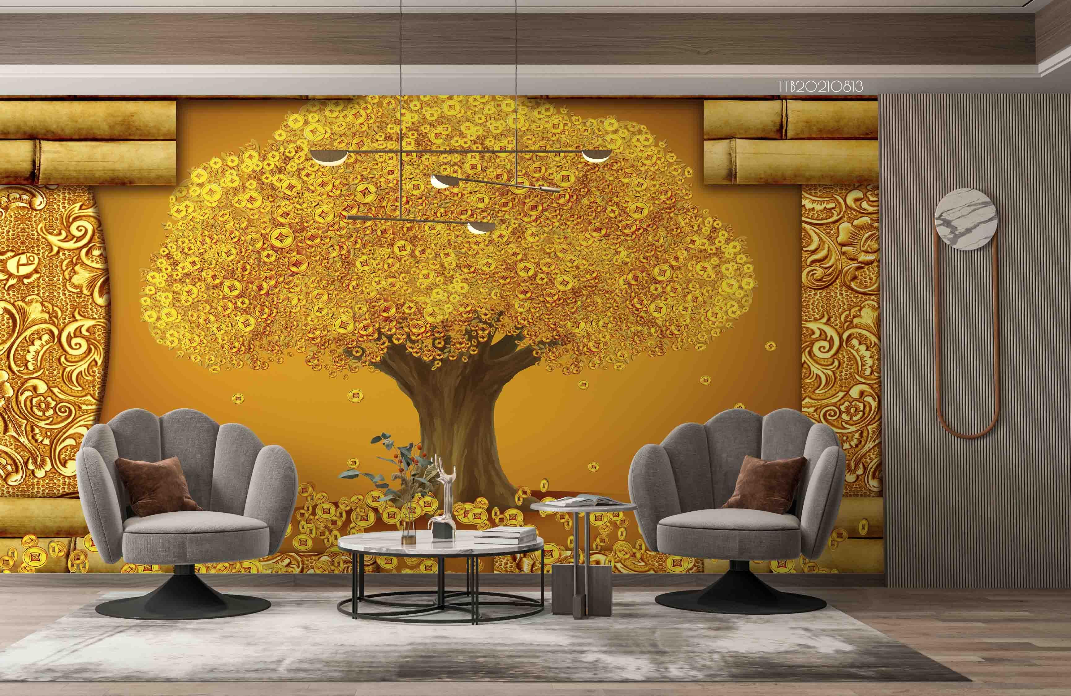 3D Golden Big Tree Wall Mural Wallpaper SWW5081- Jess Art Decoration