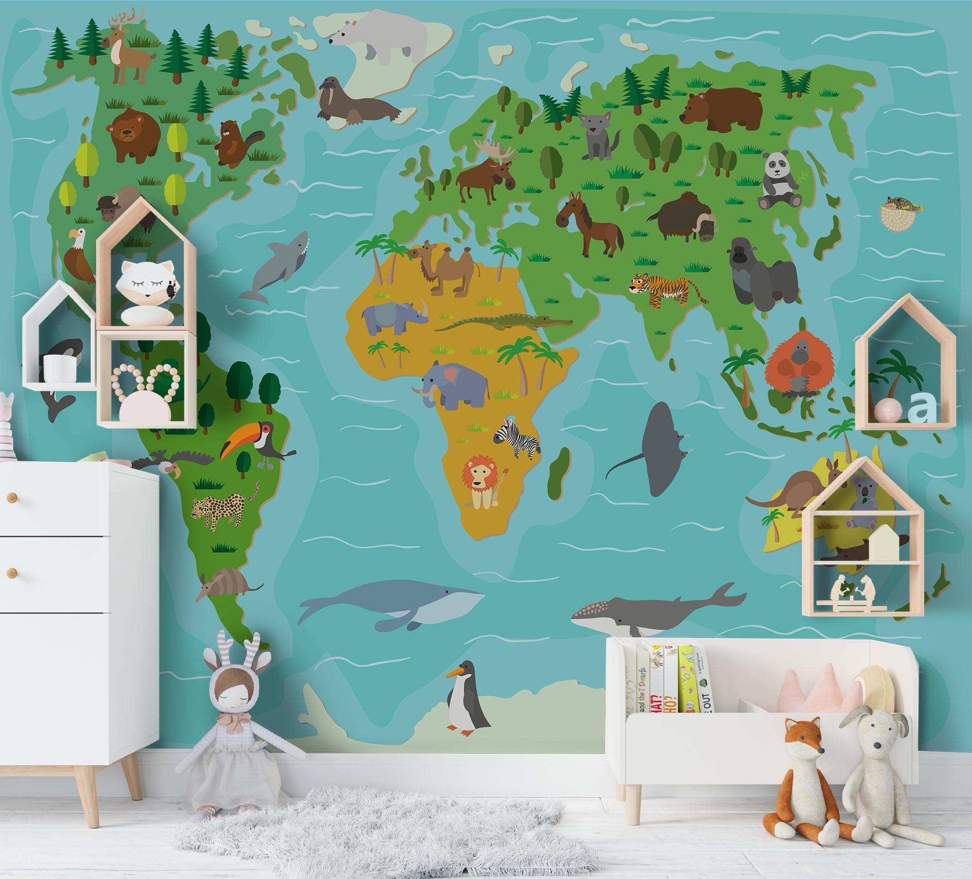 3D Green World Animal Map Wall Mural Wallpaper 88 LQH- Jess Art Decoration