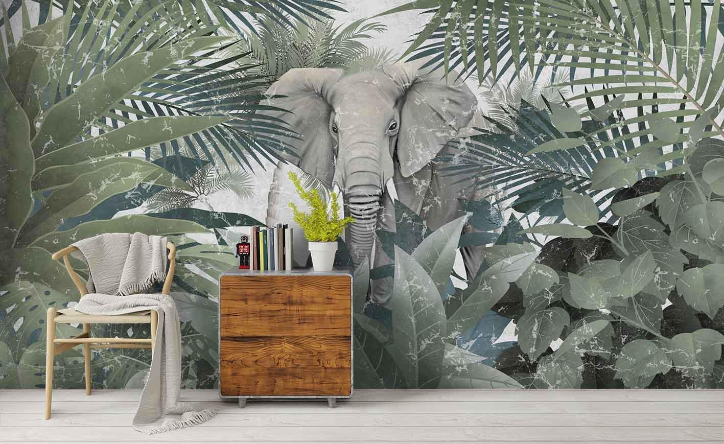 3D Tropical Green Plants Elephant Wall Mural Wallpaper 44- Jess Art Decoration