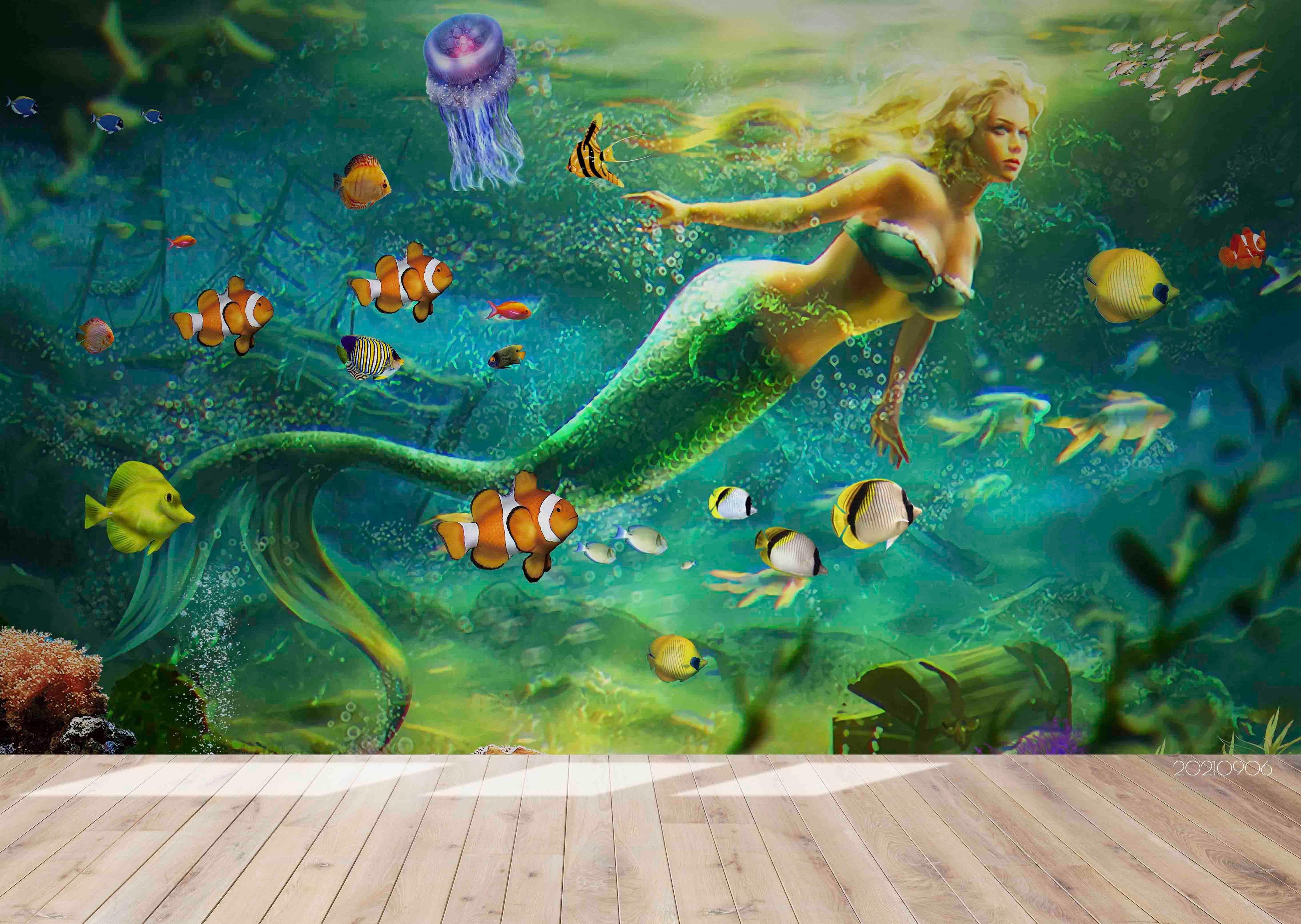 3D Mermaid Underwater World Wall Mural Wallpaper LQH 574- Jess Art Decoration