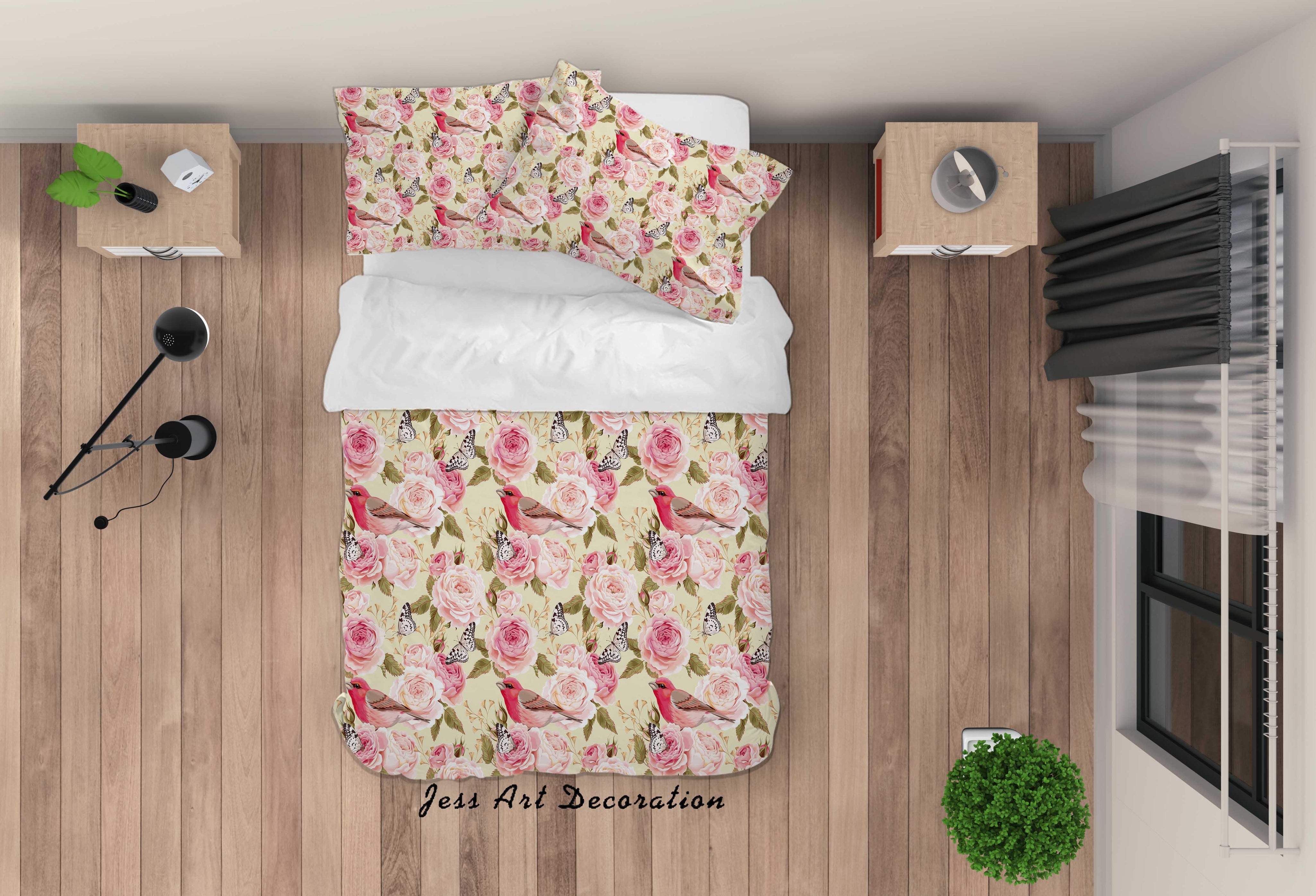 3D Yellow Red Floral Birds Quilt Cover Set Bedding Set Duvet Cover Pillowcases SF21- Jess Art Decoration