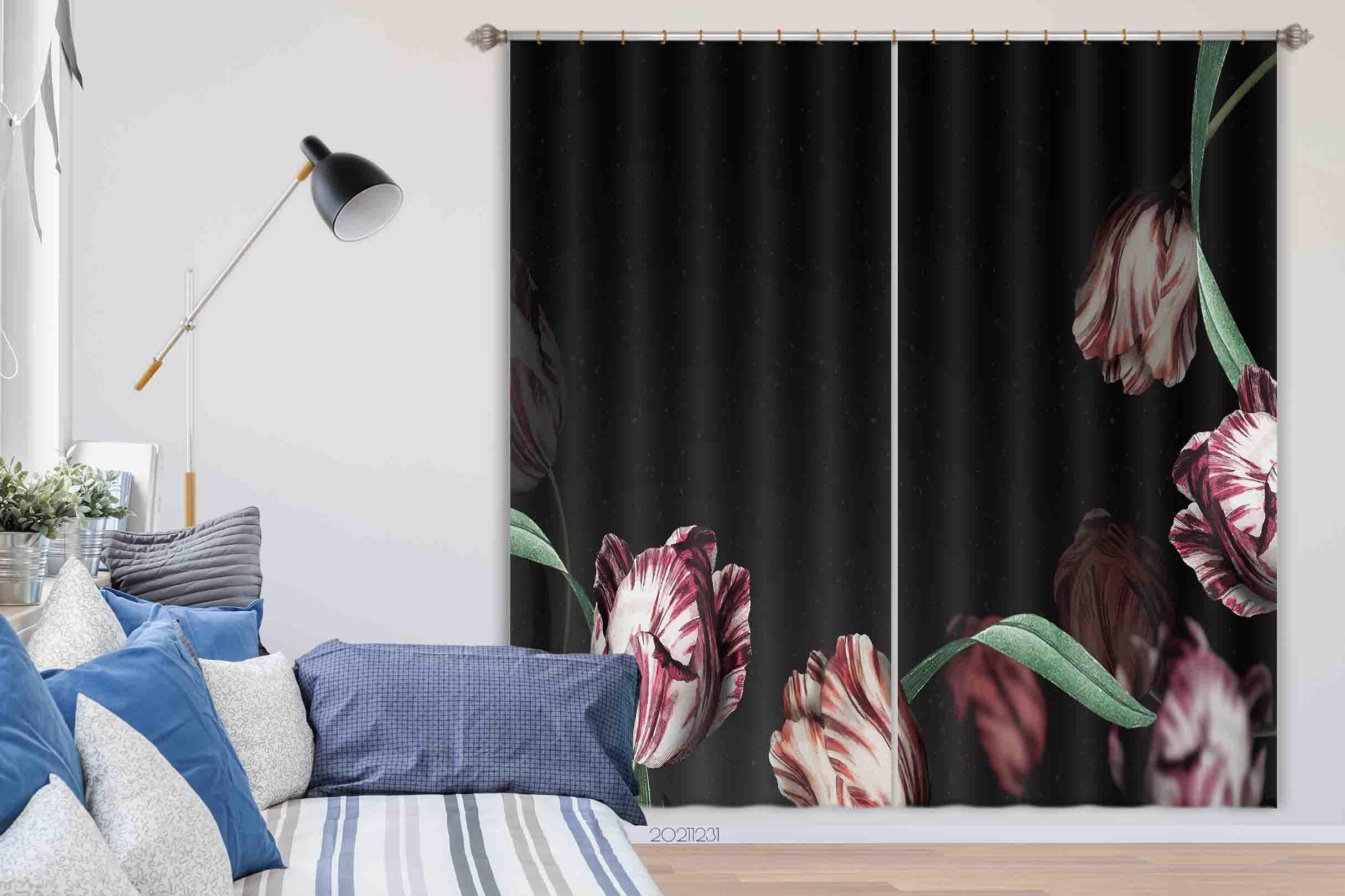 3D Retro Pink Tulip Black Curtains and Drapes GD 20- Jess Art Decoration