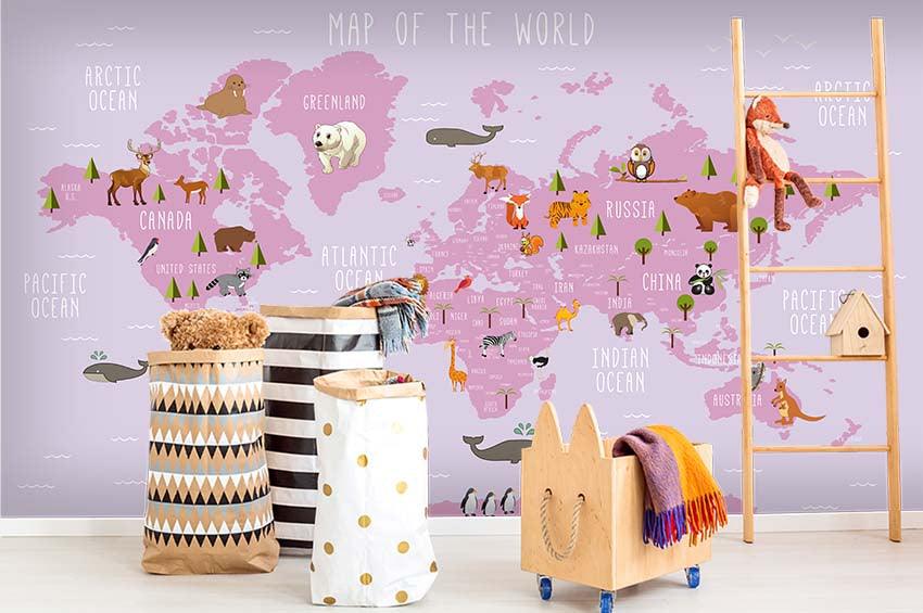 3D World Map Pink Wall Mural Wallpaper LQH 81- Jess Art Decoration