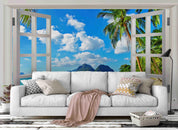 3D Window Beach Coconut Tree Mountain Sea Landscape Wall Mural Wallpaper GD 1948- Jess Art Decoration
