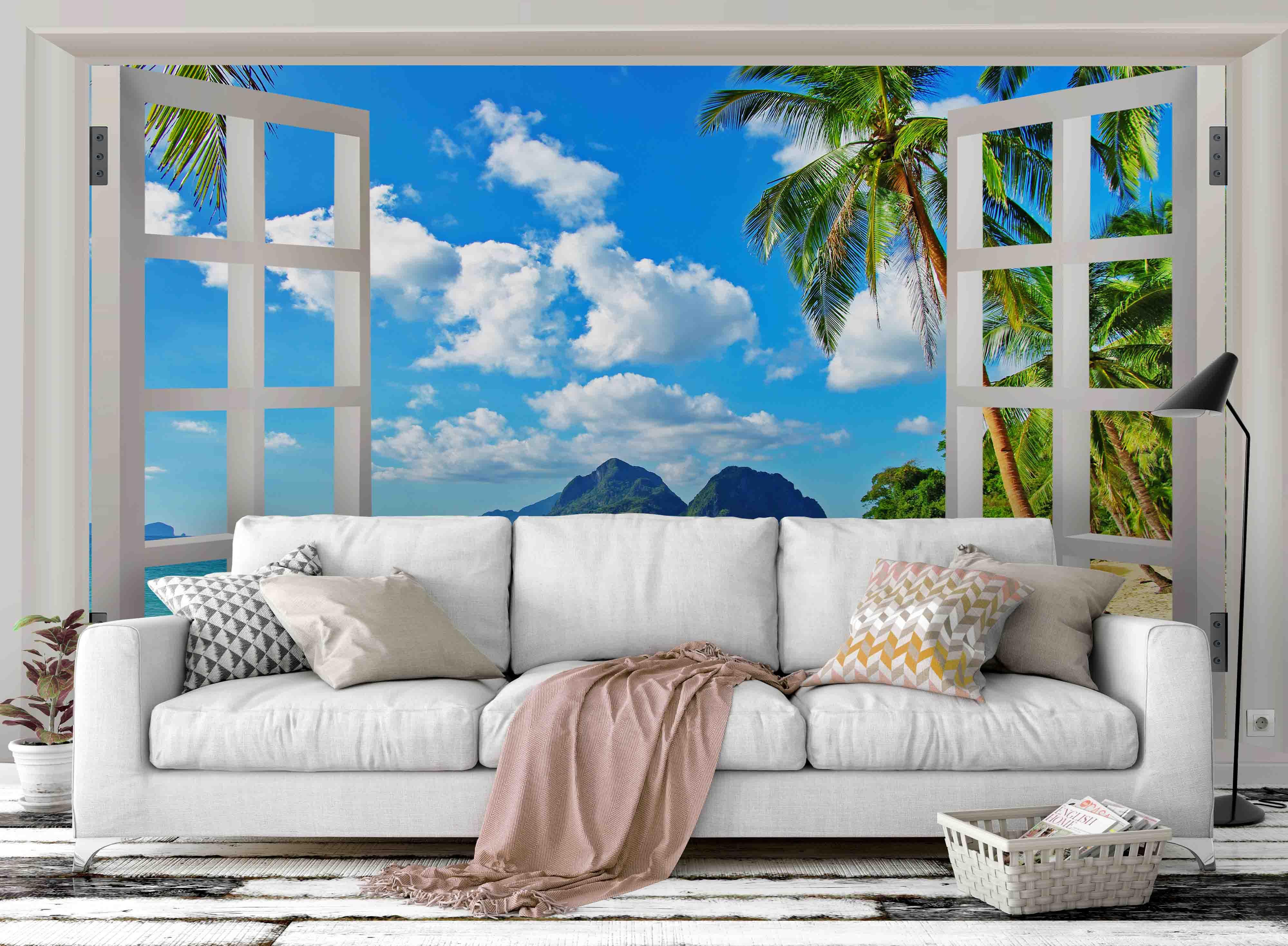 3D Window Beach Coconut Tree Mountain Sea Landscape Wall Mural Wallpaper GD 1948- Jess Art Decoration