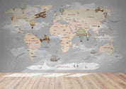3D Grey World Map Hot Air Balloon Wall Mural Wallpaper LQH 682- Jess Art Decoration