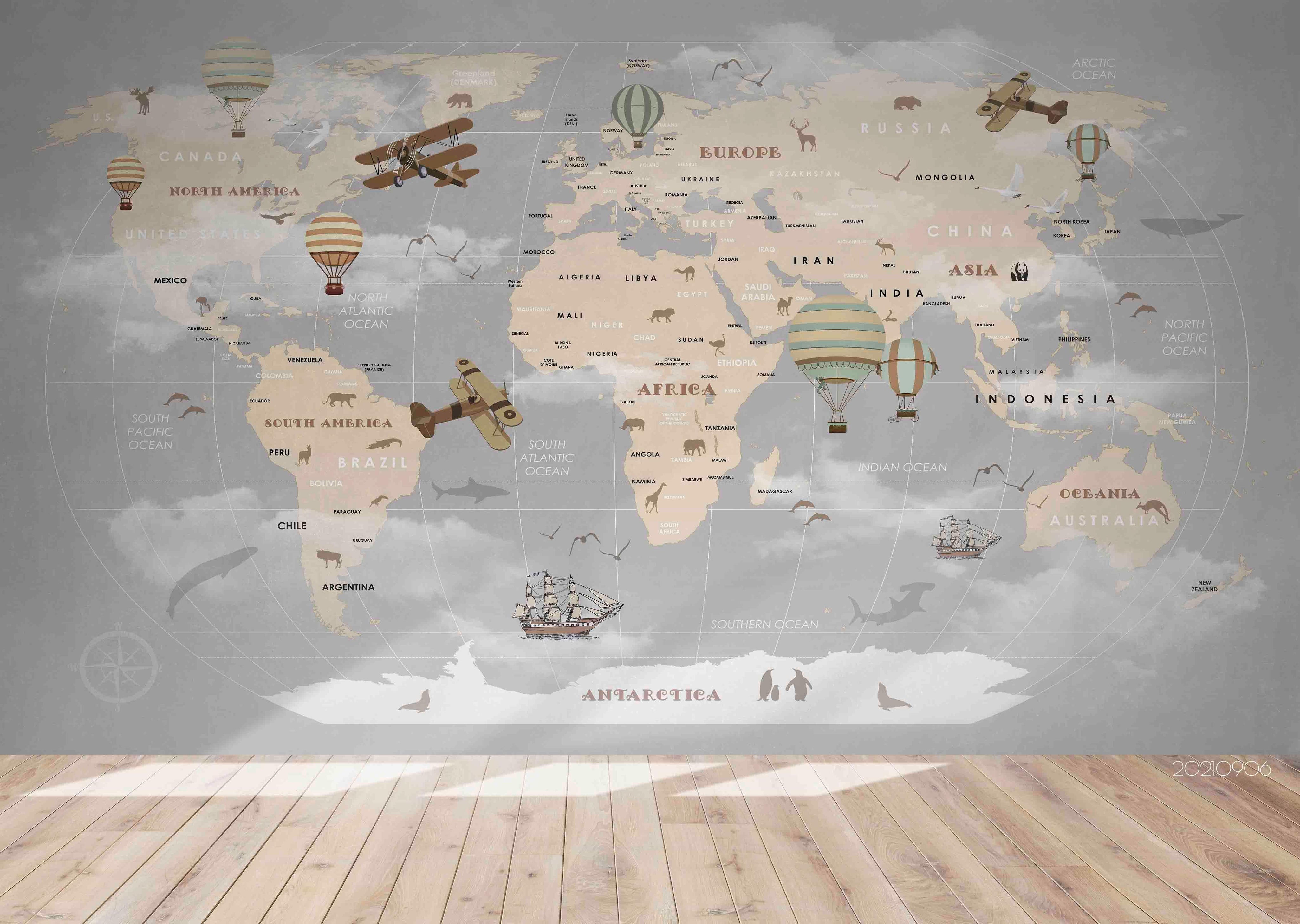 3D Grey World Map Hot Air Balloon Wall Mural Wallpaper LQH 682- Jess Art Decoration