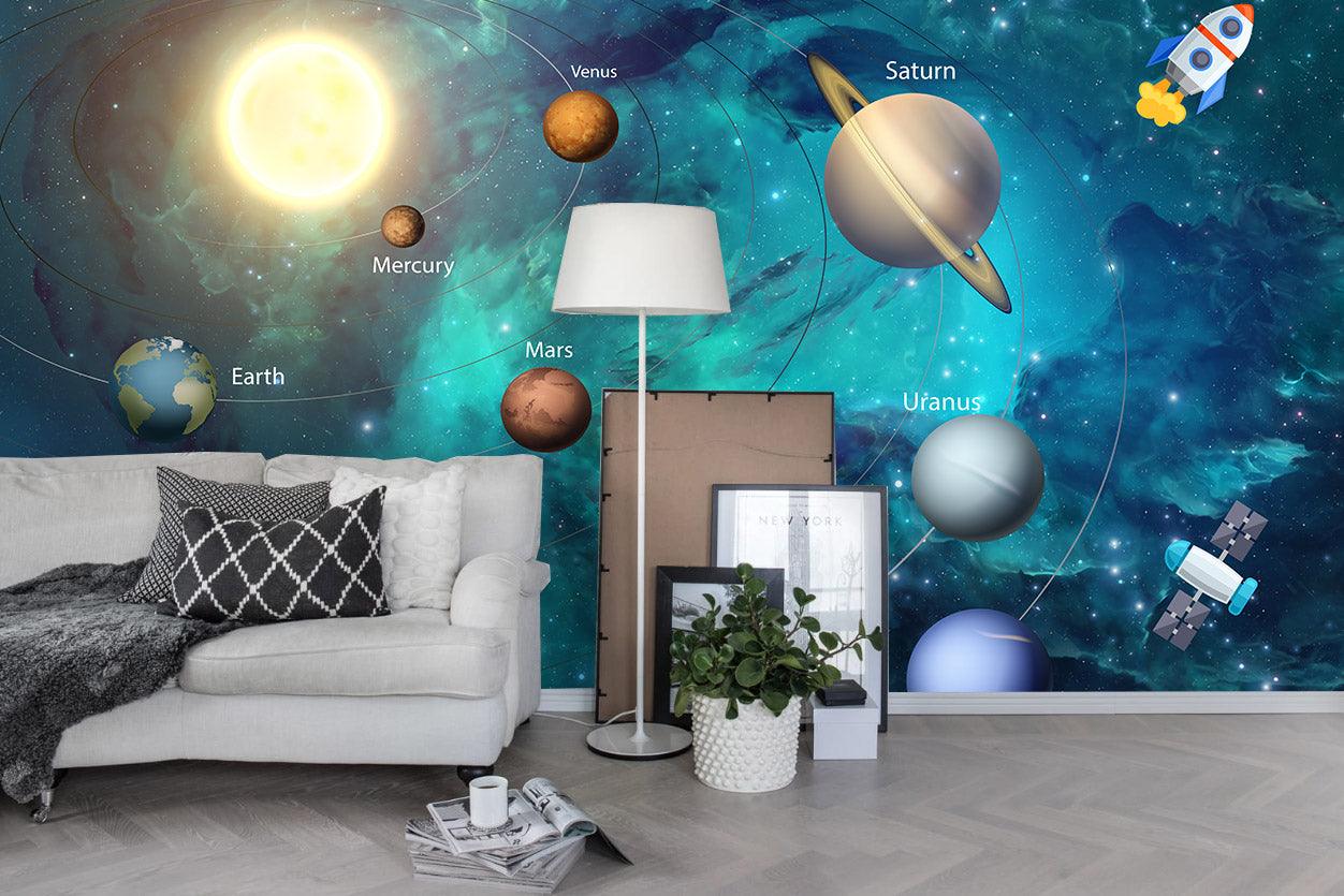 3D blue space planets wall mural wallpaper 19- Jess Art Decoration