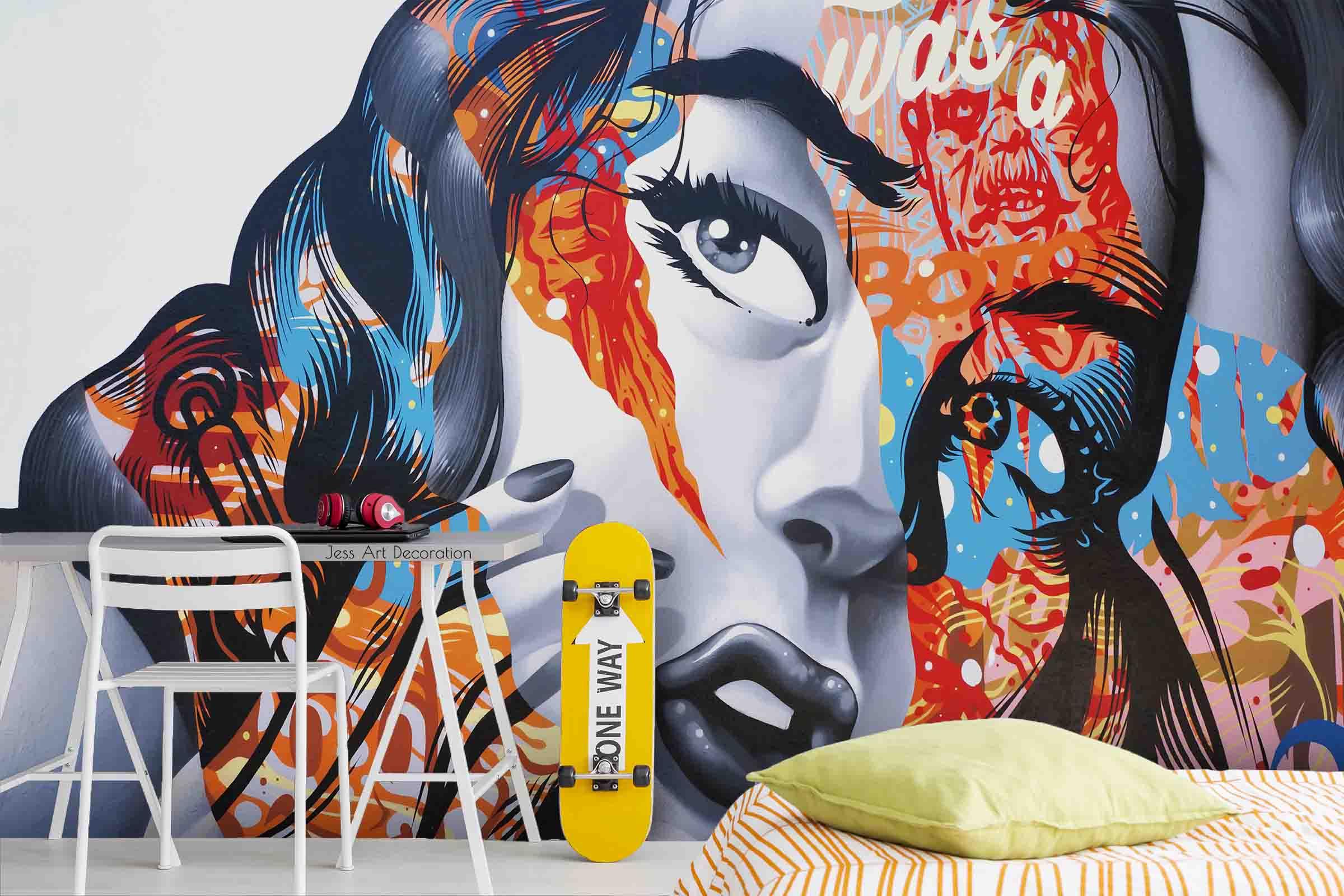 Graffiti Female Face Finger Wallpaper portrait street art wall mural for bedroom or creative studio - view 2