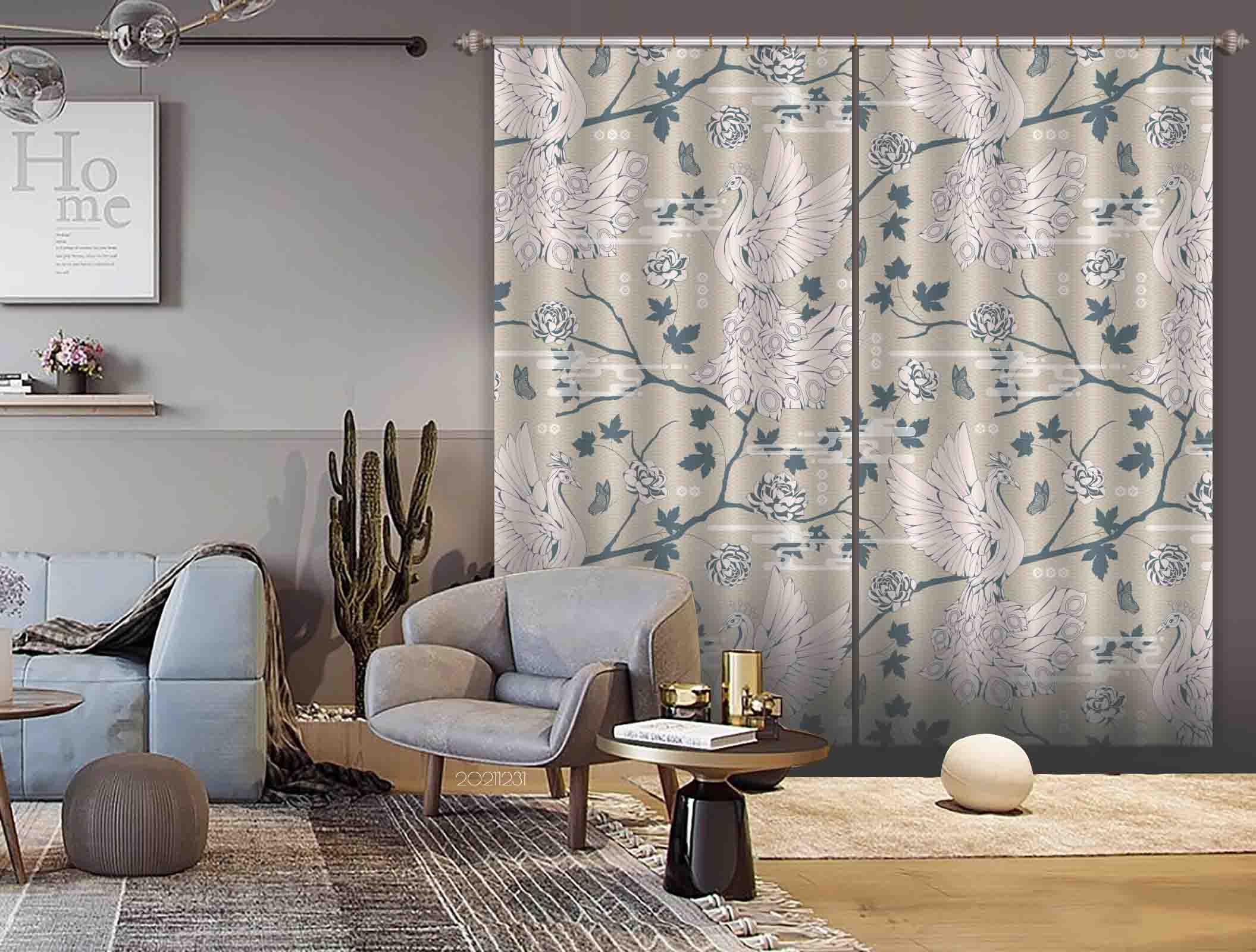 3D Retro Flower Branch Peacock Curtains and Drapes GD 6- Jess Art Decoration