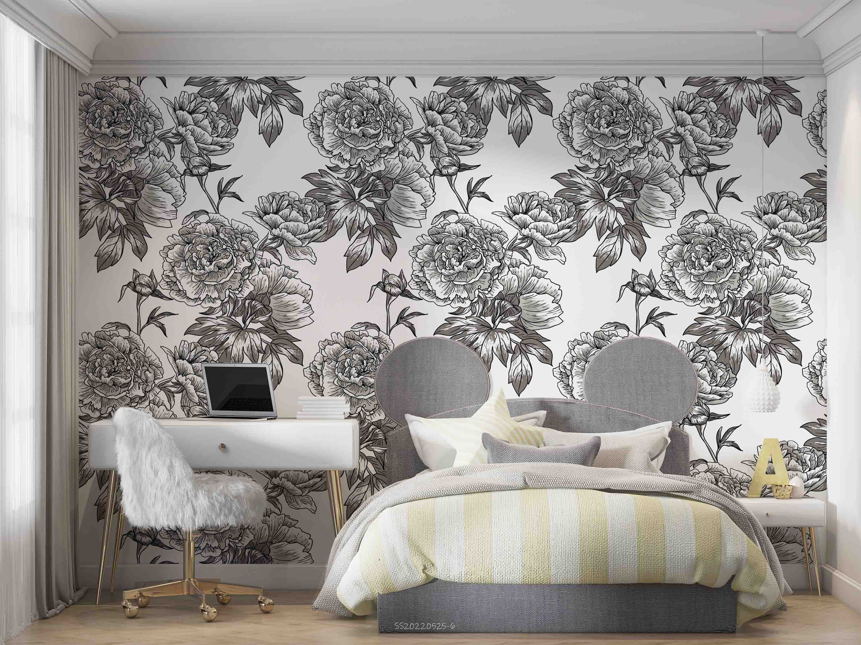 3D Sketch Peony Floral Pattern Black White Wall Mural Wallpaper GD 1329- Jess Art Decoration