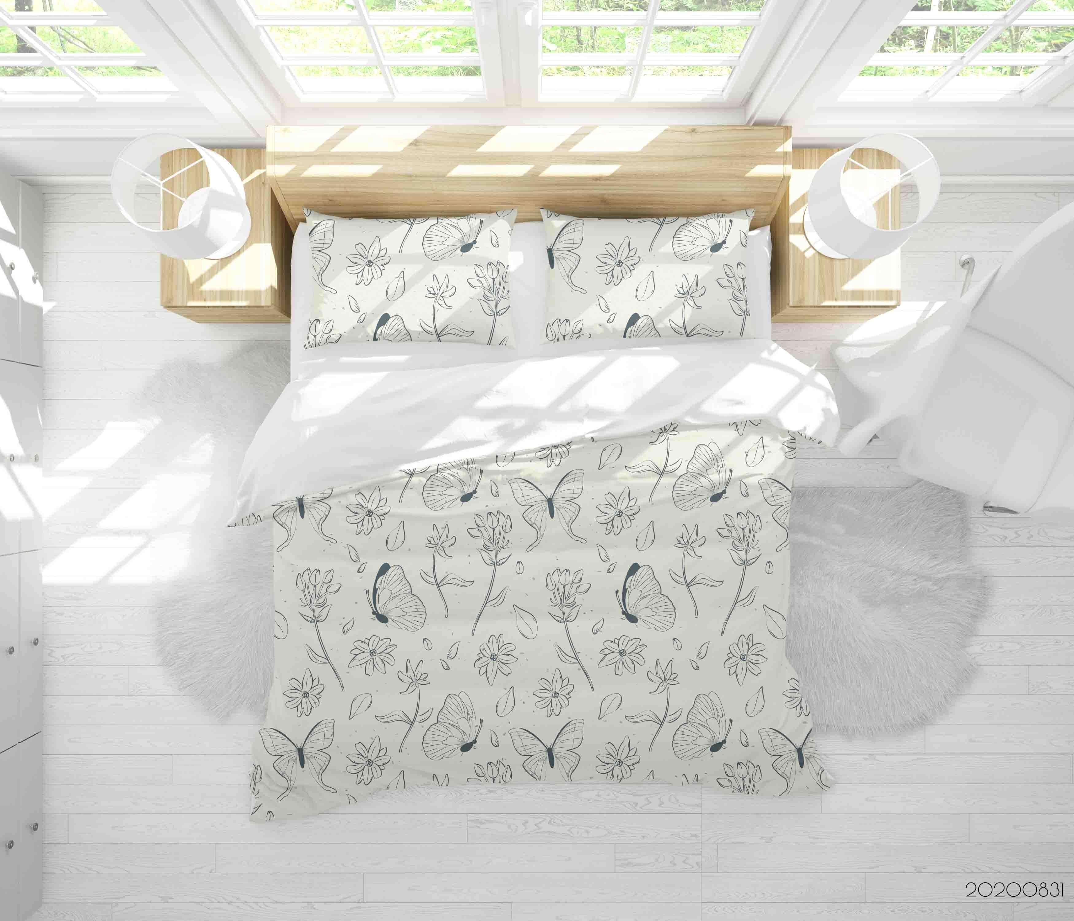 3D Pattern Hand Drawn Flowers Butterflies Quilt Cover Set Bedding Set Duvet Cover Pillowcases WJ 3458- Jess Art Decoration
