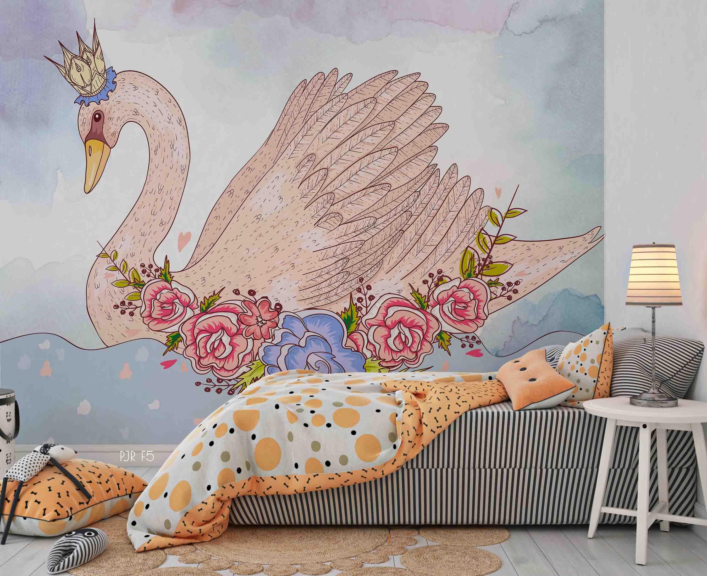 3D Swan Floral Animal swan floral nursery mural wall mural wallpaper for nursery - view 3