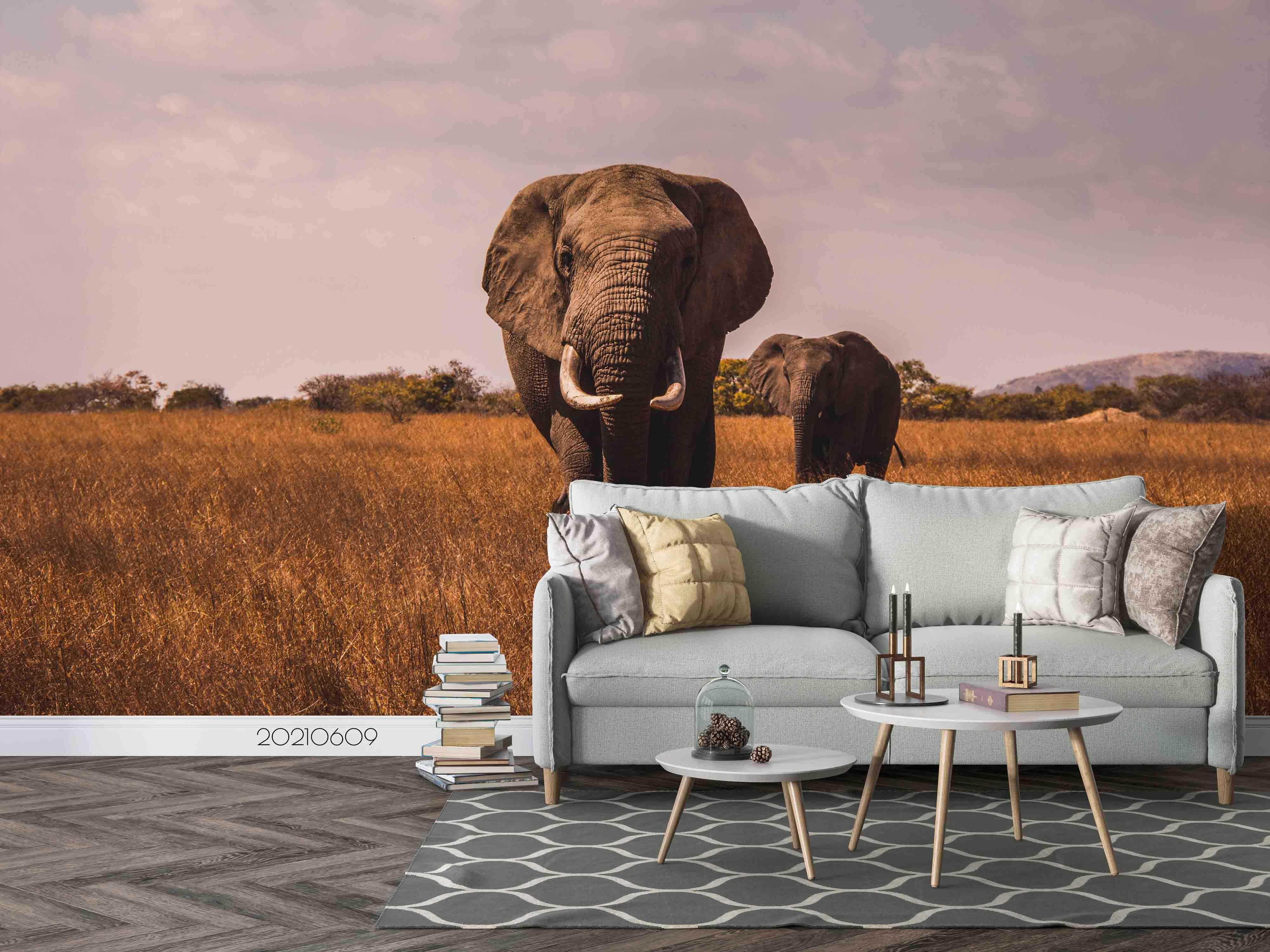 3D Africa Grassland Elephant Wall Mural Wallpaper SWW1641- Jess Art Decoration