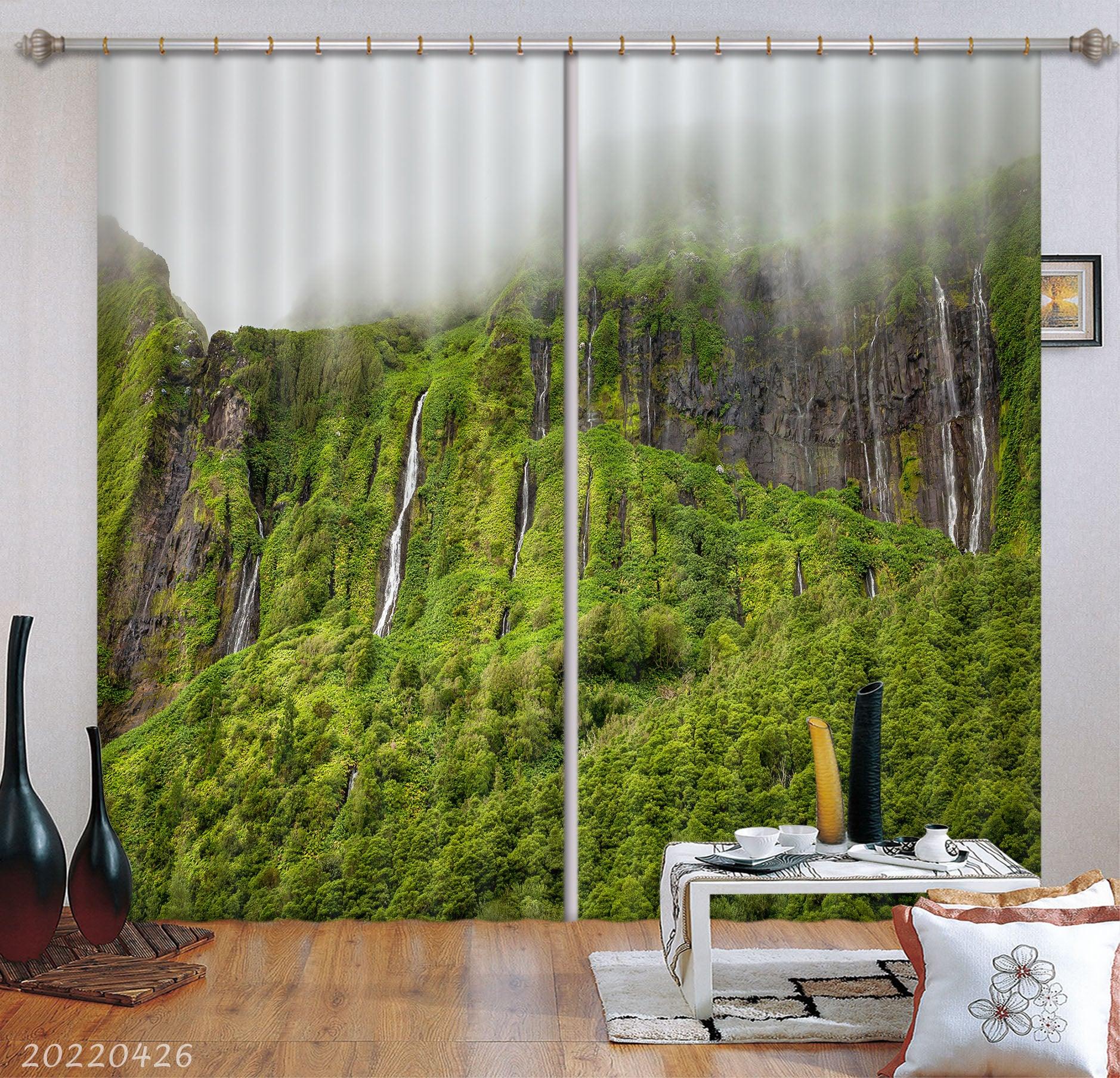 3D Landscape Mountain Waterfall Forest Green Trees Misty Curtains and Drapes GD 4861- Jess Art Decoration