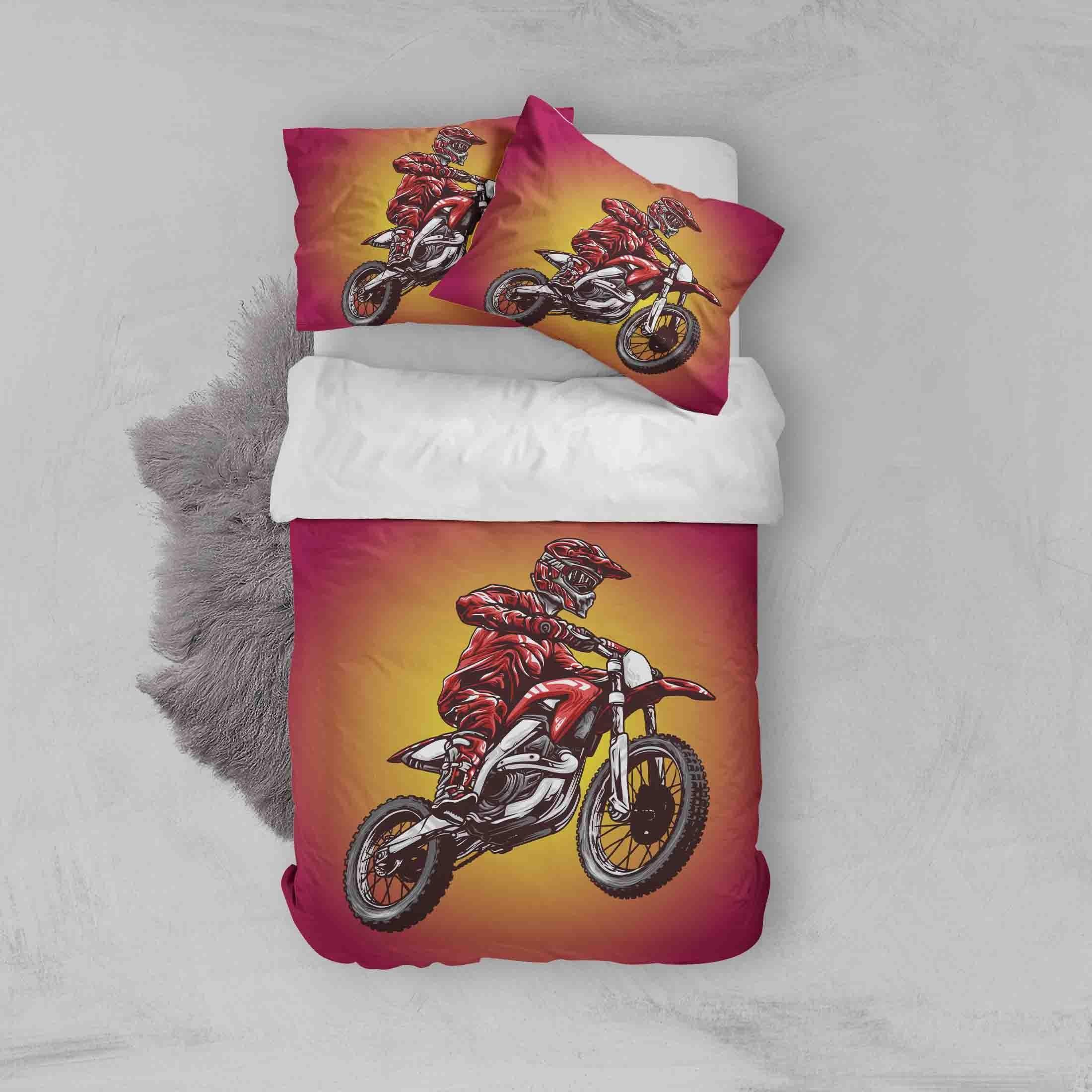 3D Dirt Bike Orange Quilt Cover Set Bedding Set Pillowcases A201 LQH- Jess Art Decoration