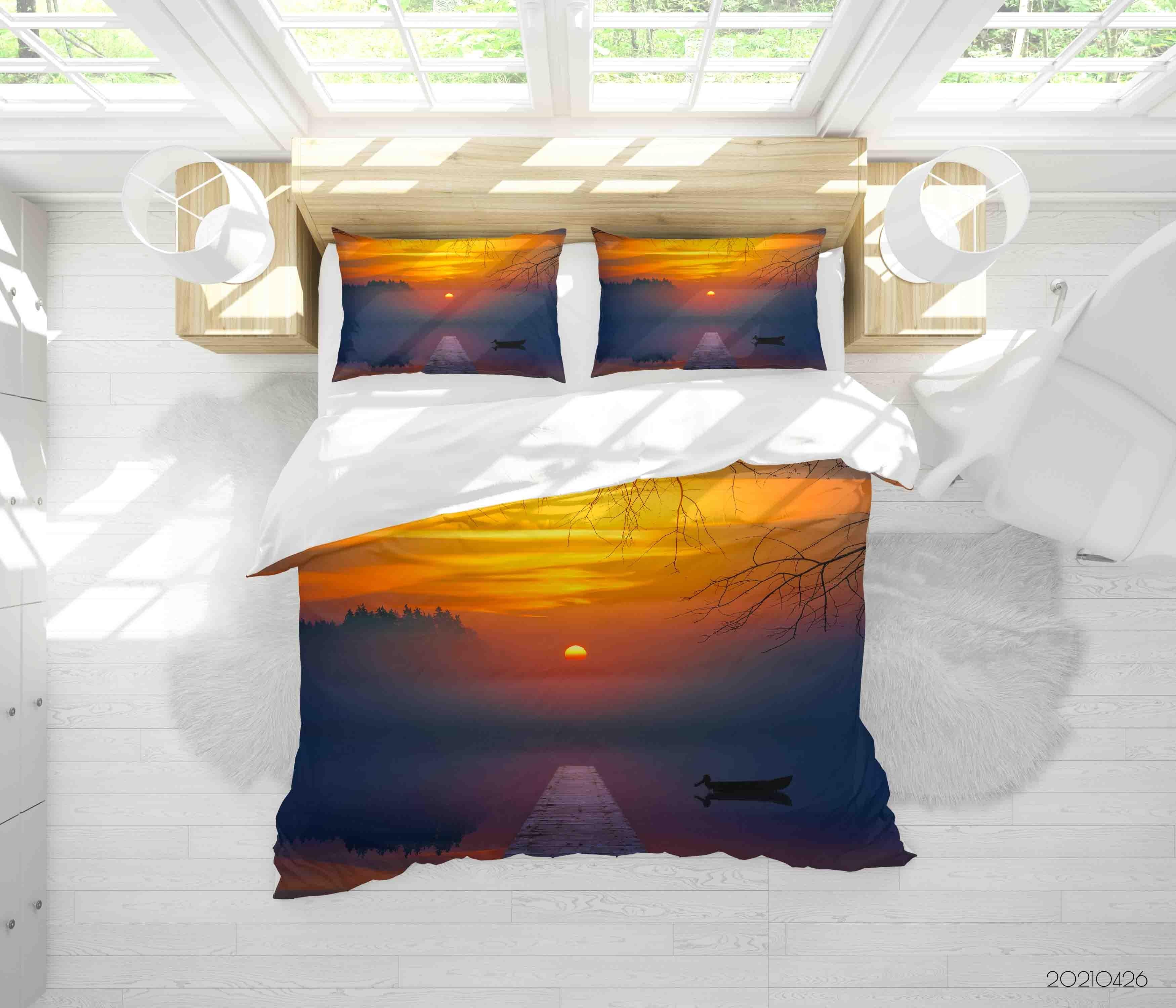 3D Sunset Sky Lake Boat Landscape Quilt Cover Set Bedding Set Duvet Cover Pillowcases 279- Jess Art Decoration