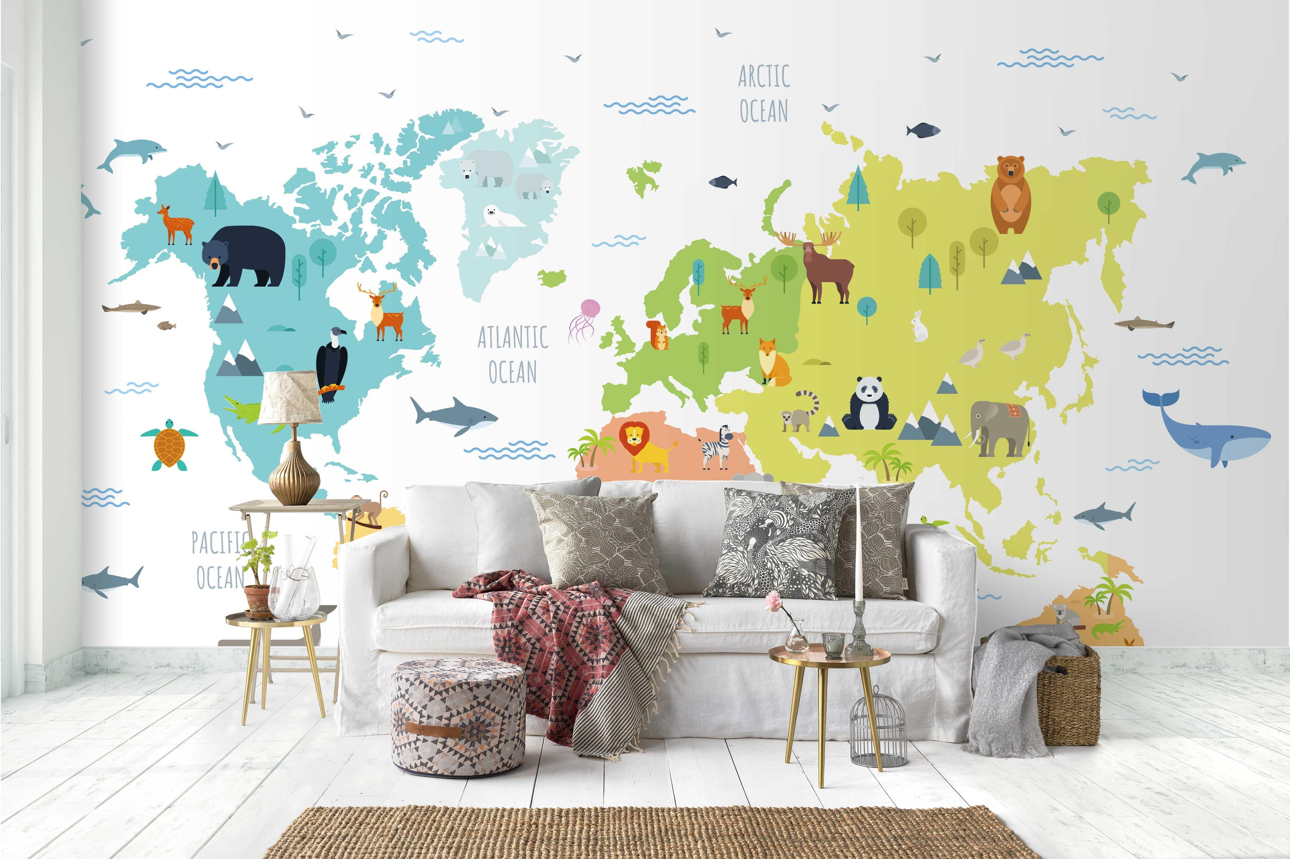 3D world animals map wall mural wallpaper 03- Jess Art Decoration